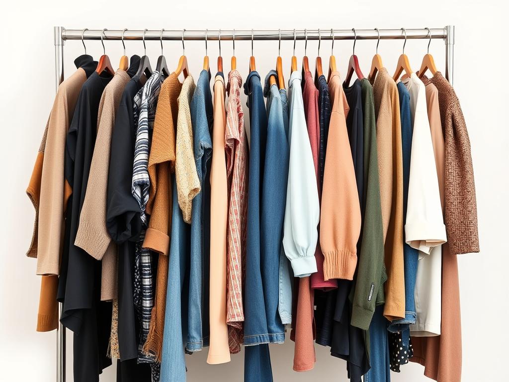 A well-lit, high-resolution photograph of a neatly organized clothing rack displaying a diverse range of secondhand fashion items against a plain white backdrop. The garments should include a variety of styles, colors, and sizes, showcasing the breadth of options available on Vinted. The lighting should be soft and diffused, accentuating the textures and details of the clothing. The camera angle should be slightly elevated, providing a clean, professional look that captures the entire rack in a single frame. The overall mood should convey a sense of value, quality, and opportunity for savvy secondhand shoppers looking to maximize their profits.
