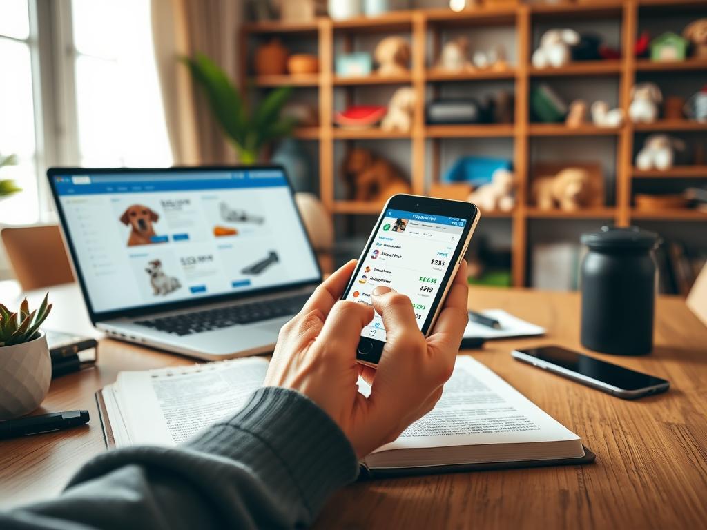 A well-lit, modern home office setup with a laptop, smartphone, and open notebook on a wooden desk. In the foreground, a pair of hands using a smartphone to compare prices and product details across multiple online marketplaces. The background features shelves with various pet accessories, creating an atmosphere of a dedicated space for researching and purchasing items for pets. The lighting is warm and natural, creating a productive and focused ambiance. The overall scene conveys the process of researching and comparing prices, brands, and delivery times when shopping for pet accessories online. A well-lit, modern home office setup with a laptop, smartphone, and open notebook on a wooden desk. In the foreground, a pair of hands using a smartphone to compare prices and product details across multiple online marketplaces. The background features shelves with various pet accessories, creating an atmosphere of a dedicated space for researching and purchasing items for pets. The lighting is warm and natural, creating a productive and focused ambiance. The overall scene conveys the process of researching and comparing prices, brands, and delivery times when shopping for pet accessories online.