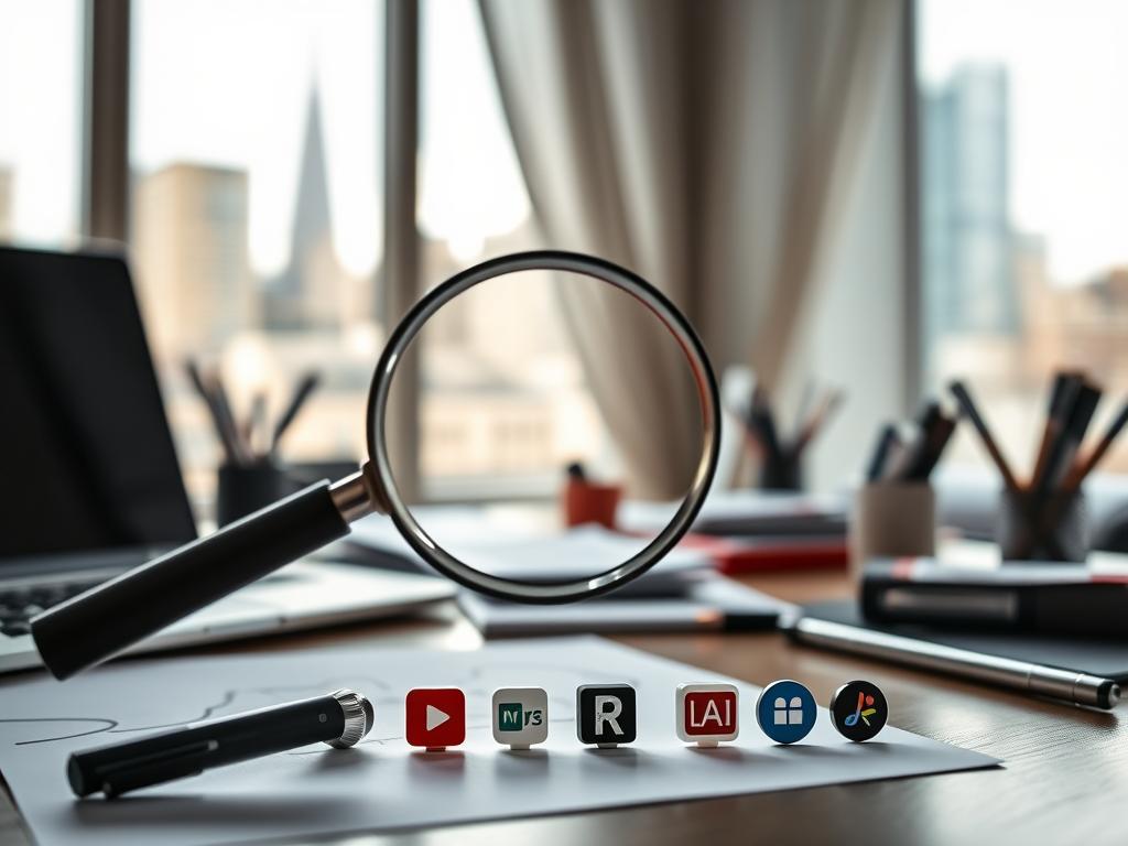 A well-lit office desk with a laptop, a pen, and various stationery items neatly arranged. In the foreground, a magnifying glass hovers over a set of video editing software icons, casting a sharp, focused glow. The background features a blurred city skyline through a window, conveying a sense of professionalism and attention to detail. The overall mood is one of thoughtful consideration and careful decision-making, reflecting the key criteria for choosing the right video editing software for a YouTuber's needs.