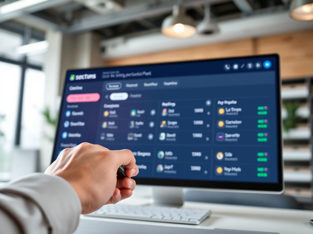 A well-lit, professional-looking web hosting control panel, with clear, intuitive navigation and customizable options. The dashboard features a modern, minimalist design with sharp contrast and clean typography. In the foreground, a hand hovers over the mouse, ready to efficiently manage website settings, monitor performance, and handle technical tasks. The background depicts a serene, blurred office environment, conveying a sense of stability, reliability, and expertise. The overall atmosphere is one of confidence, control, and seamless web hosting management.