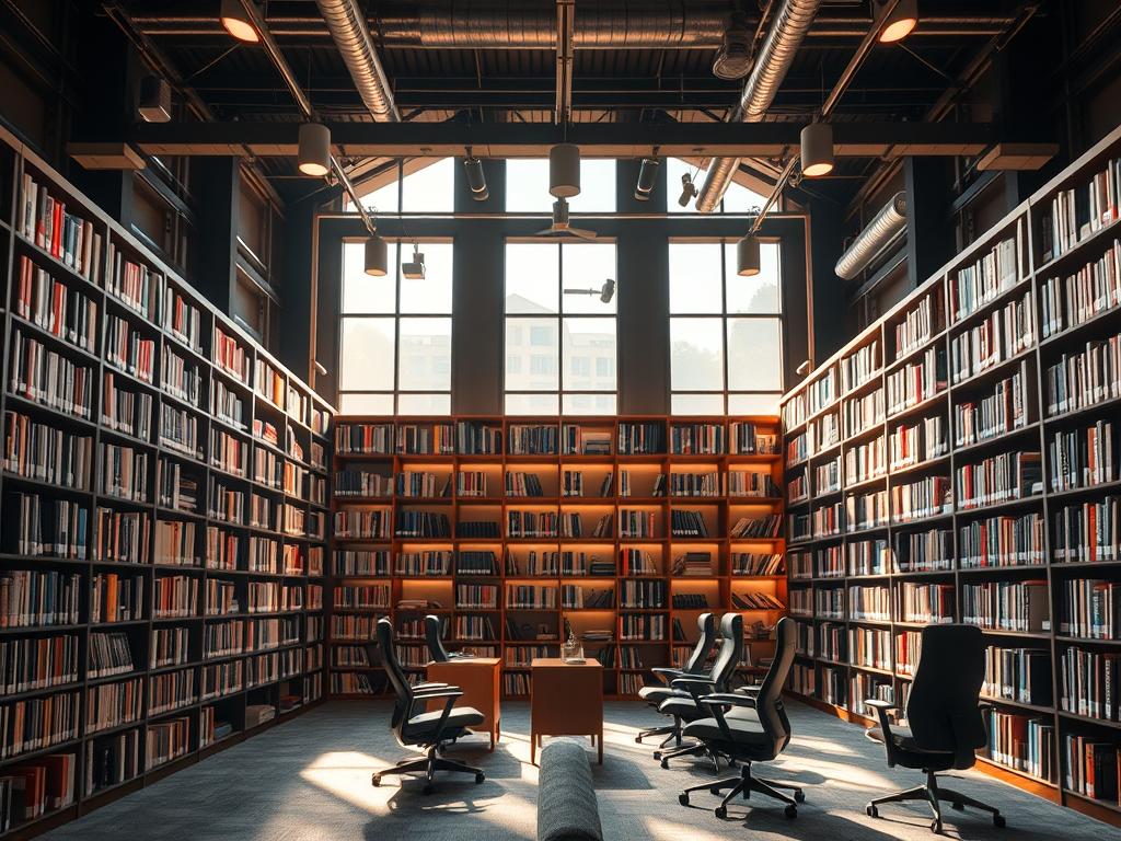 A well-organized and visually striking creative library, illuminated by warm, natural lighting that filters through large windows. Rows of neatly arranged shelves hold an extensive collection of books, digital media, and creative tools. In the foreground, a comfortable seating area with ergonomic chairs invites users to explore and collaborate. The atmosphere is one of focused productivity and inspiring creativity, with a sense of openness and intellectual stimulation. The overall composition emphasizes the library's role as a hub for corporate video editing, offering a visually captivating and functional space to fuel the imagination. A well-organized and visually striking creative library, illuminated by warm, natural lighting that filters through large windows. Rows of neatly arranged shelves hold an extensive collection of books, digital media, and creative tools. In the foreground, a comfortable seating area with ergonomic chairs invites users to explore and collaborate. The atmosphere is one of focused productivity and inspiring creativity, with a sense of openness and intellectual stimulation. The overall composition emphasizes the library's role as a hub for corporate video editing, offering a visually captivating and functional space to fuel the imagination.