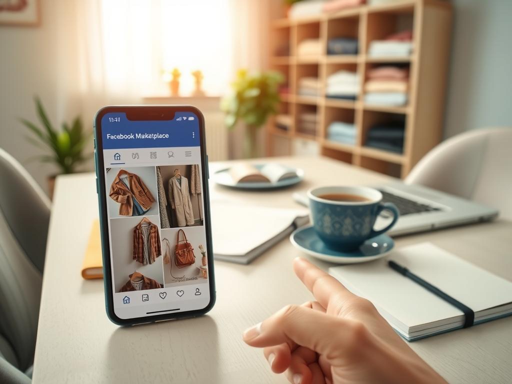 A well-organized flat lay composition showcasing a cozy home workspace designed for selling second-hand clothing on Facebook Marketplace. In the foreground, there's a smartphone displaying an open Facebook Marketplace app, with clear images of various used clothing items like a vintage jacket and a stylish handbag. The middle layer features a neatly arranged table with a laptop, a notebook, and a cup of coffee, suggesting a comfortable atmosphere for managing online sales. The background includes a softly lit room with a decorative plant and shelves filled with neatly folded clothes, enhancing the cozy feel. Soft, warm light filters through a window, creating an inviting and entrepreneurial mood, perfect for engaging with online buyers. A well-organized flat lay composition showcasing a cozy home workspace designed for selling second-hand clothing on Facebook Marketplace. In the foreground, there's a smartphone displaying an open Facebook Marketplace app, with clear images of various used clothing items like a vintage jacket and a stylish handbag. The middle layer features a neatly arranged table with a laptop, a notebook, and a cup of coffee, suggesting a comfortable atmosphere for managing online sales. The background includes a softly lit room with a decorative plant and shelves filled with neatly folded clothes, enhancing the cozy feel. Soft, warm light filters through a window, creating an inviting and entrepreneurial mood, perfect for engaging with online buyers.