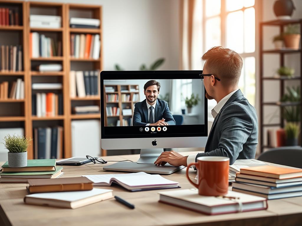 A well-organized, modern online classroom scene, showcasing a desktop setup with a laptop displaying a video call interface for English tutoring. In the foreground, a professional-looking teacher in business attire sits, engaging with a student through the screen, looking attentive and focused. In the middle ground, various learning materials like books, notepads, and a coffee mug create a cozy study atmosphere. The background features a neatly arranged bookshelf filled with educational resources and a window showing soft natural light filtering in, casting a warm glow. The overall mood conveys a sense of productivity and collaboration in a digital learning environment, emphasizing the essential technical requirements for effective online language learning. A well-organized, modern online classroom scene, showcasing a desktop setup with a laptop displaying a video call interface for English tutoring. In the foreground, a professional-looking teacher in business attire sits, engaging with a student through the screen, looking attentive and focused. In the middle ground, various learning materials like books, notepads, and a coffee mug create a cozy study atmosphere. The background features a neatly arranged bookshelf filled with educational resources and a window showing soft natural light filtering in, casting a warm glow. The overall mood conveys a sense of productivity and collaboration in a digital learning environment, emphasizing the essential technical requirements for effective online language learning.