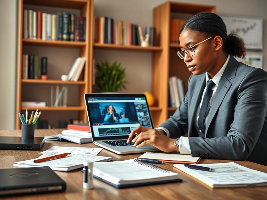 A well-organized workspace featuring a professional individual in business attire, focused on a laptop displaying a vibrant YouTube interface showcasing trading forex videos. In the foreground, a neatly arranged desk with a notebook, trading charts, and a few pens. The middle ground should highlight the individual, a person of diverse ethnicity, actively taking notes from the screen. The background includes bookshelves filled with trading manuals and a calendar displaying upcoming seminars. Soft, natural lighting illuminates the scene, creating a warm and inviting atmosphere. The angle of the shot is slightly above eye level, giving a clear view of the workspace while maintaining a professional and motivational mood suitable for learning and skill enhancement.