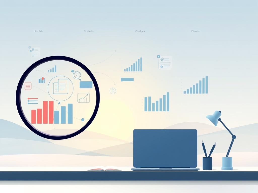 An abstract illustration showcasing the concept of "análisis" for a professional LinkedIn management article. The foreground depicts a magnifying glass hovering over a series of interconnected data visualizations, graphs, and charts, symbolizing the process of in-depth analysis. The middle ground features a serene, minimalist desk setup with a laptop, notebook, and writing instruments, alluding to the creation phase. The background is a soft, gradient-based landscape, conveying a sense of focus, contemplation, and professional development. The lighting is soft and diffused, creating a calming, intellectual atmosphere. The overall composition is balanced and visually engaging, suitable for illustrating the "análisis" section of the article. An abstract illustration showcasing the concept of "análisis" for a professional LinkedIn management article. The foreground depicts a magnifying glass hovering over a series of interconnected data visualizations, graphs, and charts, symbolizing the process of in-depth analysis. The middle ground features a serene, minimalist desk setup with a laptop, notebook, and writing instruments, alluding to the creation phase. The background is a soft, gradient-based landscape, conveying a sense of focus, contemplation, and professional development. The lighting is soft and diffused, creating a calming, intellectual atmosphere. The overall composition is balanced and visually engaging, suitable for illustrating the "análisis" section of the article.