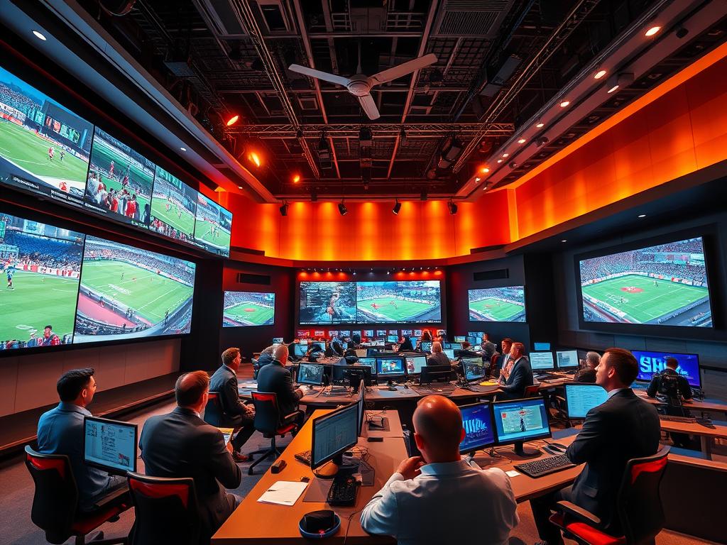 An expansive sports channel studio with a vibrant, dynamic atmosphere. The foreground features an array of large, high-definition screens showcasing various sporting events, creating an immersive viewing experience. The middle ground depicts a team of professional broadcasters and analysts engaged in lively discussions, their expressions animated as they provide in-depth analysis and commentary. In the background, a sleek, modern control room bustles with activity, technicians expertly managing the production and ensuring a seamless broadcast. Warm, focused lighting illuminates the scene, creating a sense of energy and excitement. The overall composition conveys the grandeur and technical prowess of a leading sports broadcasting network, ready to deliver the thrill of competition to a global audience.