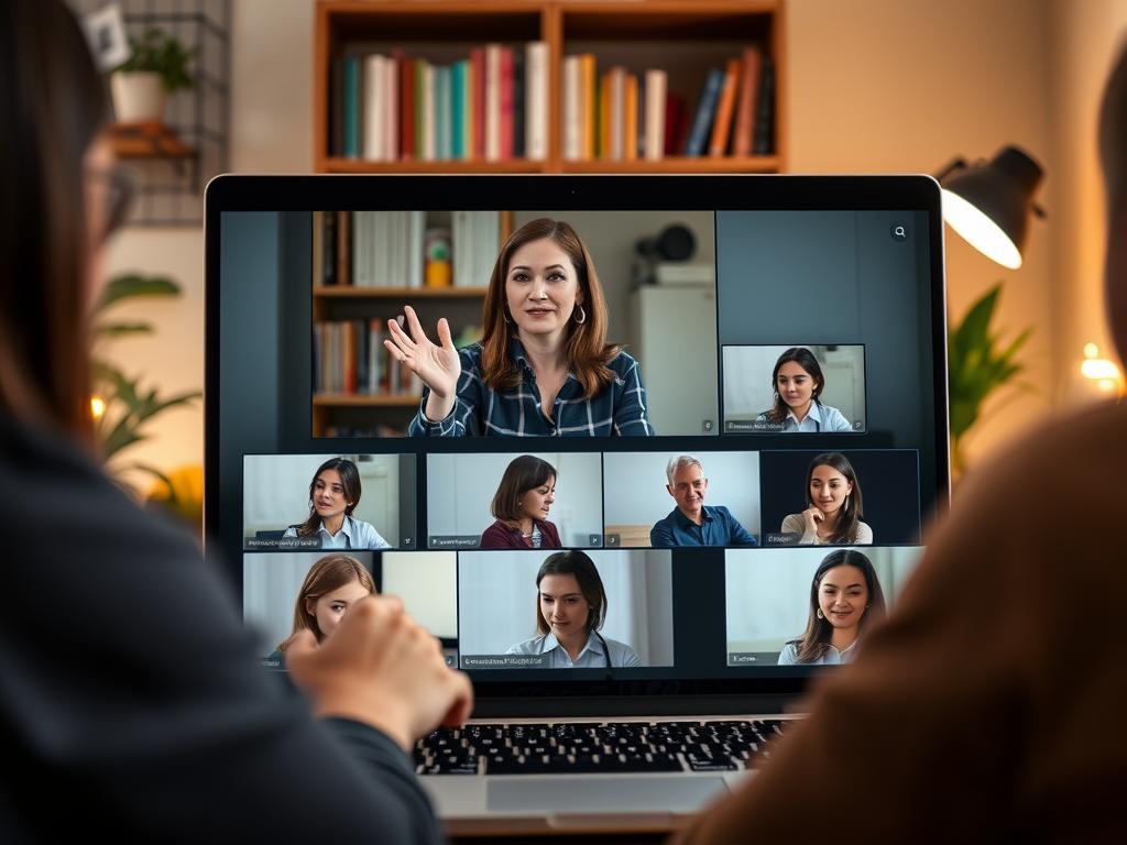 An online English class in session, with a laptop screen displaying a virtual classroom setup. A teacher's face appears in a video chat window, gesturing animatedly as students listen intently, their faces visible in smaller windows. The background features a cozy home office setting, with bookshelves, plants, and warm lighting creating a comfortable, focused atmosphere. The composition captures the sense of remote, interactive learning, highlighting the convenience and personalized nature of online language tutoring. An online English class in session, with a laptop screen displaying a virtual classroom setup. A teacher's face appears in a video chat window, gesturing animatedly as students listen intently, their faces visible in smaller windows. The background features a cozy home office setting, with bookshelves, plants, and warm lighting creating a comfortable, focused atmosphere. The composition captures the sense of remote, interactive learning, highlighting the convenience and personalized nature of online language tutoring.