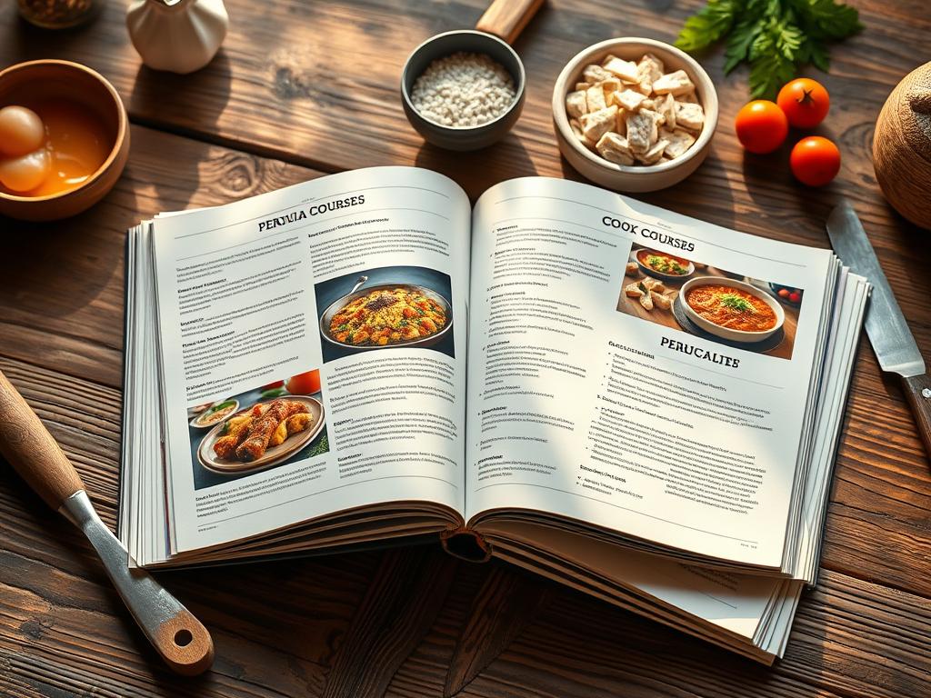 Detailed catalog of Peruvian cooking courses, showcased on a rustic wooden table. Warm, natural lighting illuminates the pages, revealing vibrant food photography and course descriptions. The catalog is positioned prominently, surrounded by carefully arranged cooking ingredients and utensils, creating an inviting and informative atmosphere. The overall scene exudes an artisanal, high-quality aesthetic, reflecting the expertise and specialties of the Peruvian culinary offerings. Detailed catalog of Peruvian cooking courses, showcased on a rustic wooden table. Warm, natural lighting illuminates the pages, revealing vibrant food photography and course descriptions. The catalog is positioned prominently, surrounded by carefully arranged cooking ingredients and utensils, creating an inviting and informative atmosphere. The overall scene exudes an artisanal, high-quality aesthetic, reflecting the expertise and specialties of the Peruvian culinary offerings.