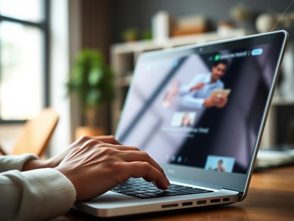 Detailed view of a person's hands earning money online by watching video ads, with a laptop or mobile device in the foreground, set against a blurred background of a modern home office or workspace. Soft, natural lighting illuminates the scene, creating a warm and productive atmosphere. The overall composition conveys the ease and convenience of earning passive income through Ayuwage's video ad viewing platform.