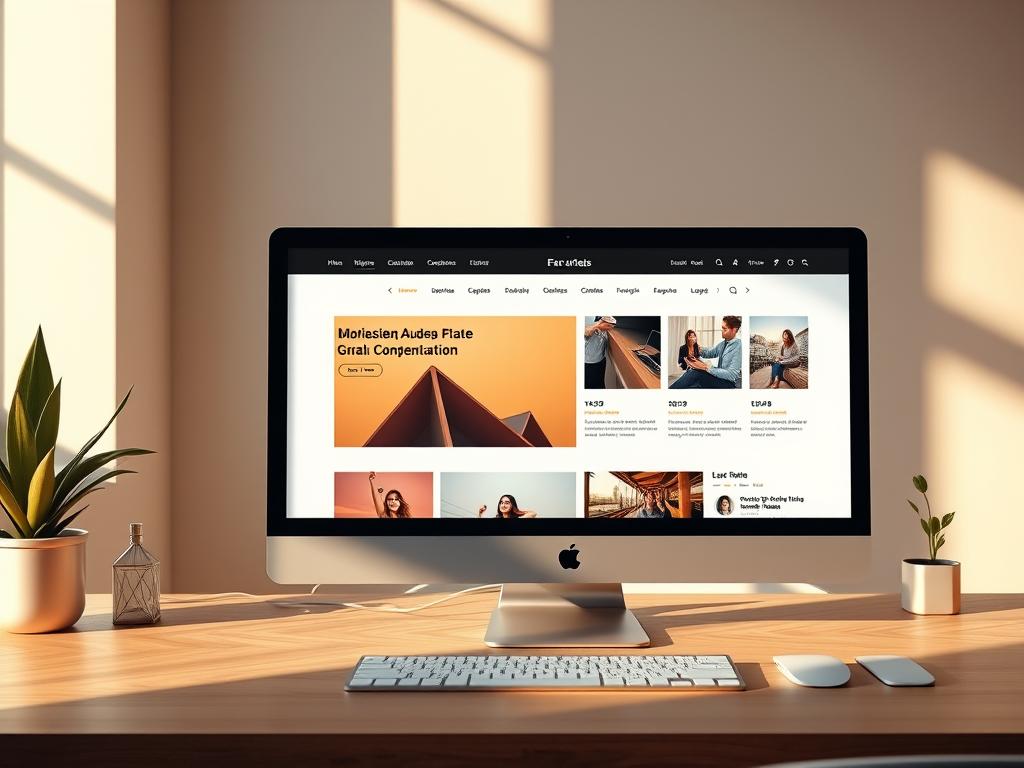 Elegant and sophisticated WordPress theme displayed on a modern minimalist desktop, with a clean user interface, vibrant color palette, and intuitive layout. The theme features a visually striking hero section, clean typography, and seamless integration of various content modules. The scene is bathed in warm, natural lighting, captured from an elevated angle to showcase the theme's responsive design and attention to detail. The overall atmosphere exudes a sense of professionalism, creativity, and the versatility of WordPress themes in web design.