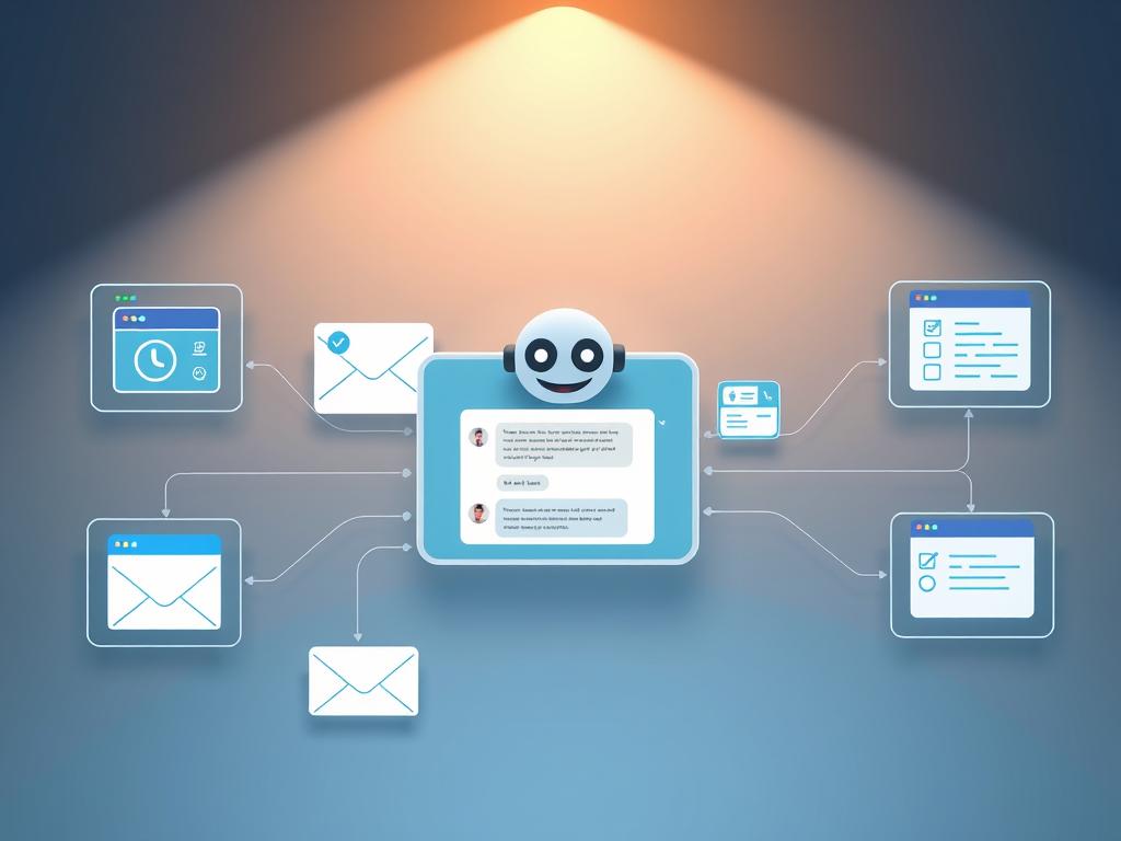 Integraciones chatbot: A sleek and modern business software interface, with a central chatbot window surrounded by various integrated data sources like a CRM dashboard, email client, and database viewer. The chatbot stands out with a friendly, conversational UI, seamlessly connecting these key enterprise systems. The layout is clean and intuitive, with thoughtful use of color and typography to create a professional yet approachable aesthetic. Soft, directional lighting from above casts an inviting glow, while the angle suggests an elevated, bird's-eye perspective to showcase the comprehensive integration capabilities. Integraciones chatbot: A sleek and modern business software interface, with a central chatbot window surrounded by various integrated data sources like a CRM dashboard, email client, and database viewer. The chatbot stands out with a friendly, conversational UI, seamlessly connecting these key enterprise systems. The layout is clean and intuitive, with thoughtful use of color and typography to create a professional yet approachable aesthetic. Soft, directional lighting from above casts an inviting glow, while the angle suggests an elevated, bird's-eye perspective to showcase the comprehensive integration capabilities.