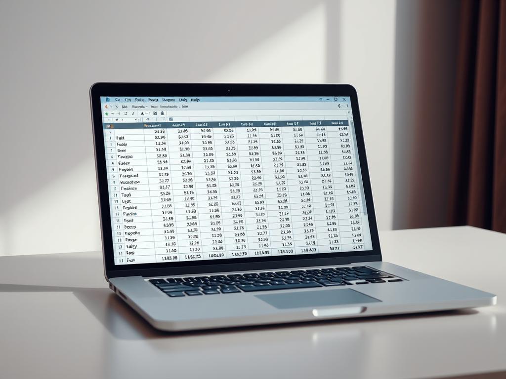 Registro datos: a neatly organized spreadsheet on a modern laptop, with clean lines and a sleek, minimalist design. The screen displays columns of numerical data and text labels, conveying a sense of professionalism and attention to detail. Soft, directional lighting illuminates the scene, creating subtle shadows and highlights that add depth and dimension. The laptop is placed on a plain, light-colored desk, with a simple, elegant workspace in the background, evoking a serene and focused atmosphere for managing beauty product sales data.