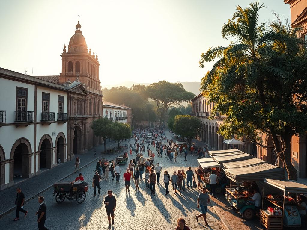 Vibrant historical center, cobblestone streets flanked by colonial architecture, towering cathedrals casting long shadows. Bustling plazas filled with locals and tourists, vendors peddling crafts and street food. Warm afternoon light filters through the canopy of trees, illuminating the vibrant energy of this timeless urban heart. Capture the essence of this cultural epicenter, a place where history and modernity seamlessly converge, inviting exploration and discovery. Wide-angle lens, naturalistic lighting, high-resolution details to showcase the timeless allure of this must-visit destination.