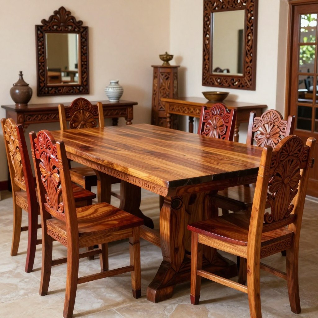 A beautiful display of "De la India" artisan wood furniture from Guatemala, showcasing intricately carved pieces including a sturdy dining table surrounded by elegantly designed chairs with floral motifs. The foreground features the rich textures and colors of the polished wood, highlighting warm browns and deep reds. In the middle ground, various handcrafted side tables and decorative items such as carved mirrors are artfully arranged, exhibiting traditional Guatemalan craftsmanship. The background is a softly blurred setting of a cozy room with natural light streaming in through a window, casting gentle shadows that enhance the inviting atmosphere. The overall mood is warm and artisanal, capturing the essence of handmade quality and cultural heritage.