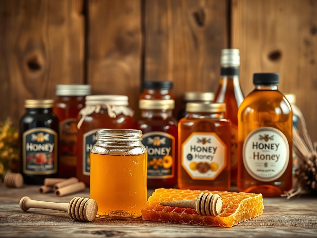 A beautifully arranged display of artisanal honey in various formats and sizes, including jars, bottles, and bulk containers, set against a rustic wooden background. In the foreground, showcase an elegant glass jar filled with golden honey, glistening under soft, warm lighting that highlights its rich texture. Beside it, a small wooden dipper rests on a honeycomb, adding a tactile element. In the middle ground, neatly organize several other honey containers, some with decorative labels emphasizing their unique flavors. In the background, faint outlines of honeybee hives can be seen, enhancing the natural, organic feel of the scene. The atmosphere is inviting and warm, suggesting a homemade quality. The image should be captured with a shallow depth of field, focusing on the foreground elements while softly blurring the background.