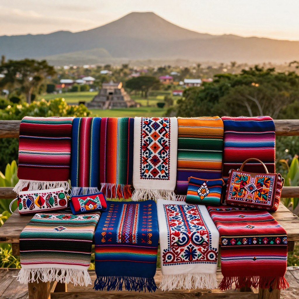 A beautifully arranged display of traditional Maya textiles, showcasing intricate patterns and vibrant colors. In the foreground, a selection of different textiles—table runners, scarves, and bags—are elegantly draped over a rustic wooden table, emphasizing the detailed embroidery and unique designs. In the middle ground, include a rolling view of Maya landscape, with lush greenery and mountains in soft focus, providing context for the textiles' cultural origins. The background features a soft, golden hour lighting that bathes the scene, creating a warm and inviting atmosphere. The overall mood should evoke a sense of appreciation for craftsmanship, highlighting the variety and quality of these textiles. Focus on capturing the artistry and beauty without any distractions.