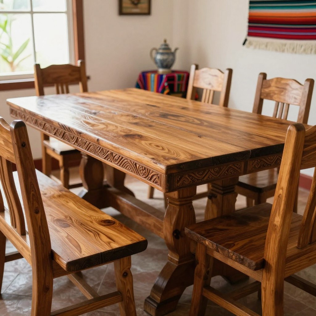 A beautifully arranged wooden dining room set from Guatemala, featuring a large rustic wooden dining table with intricate carvings. Surround the table with elegantly designed wooden chairs and a charming wooden bench, highlighting their warm tones and rich textures. In the foreground, focus on the details of the wood grain and craftsmanship. In the middle ground, softly illuminated with natural light coming from a nearby window, create an inviting atmosphere. In the background, add subtle touches of traditional Guatemalan textiles like woven table runners or wall hangings to enhance the cultural essence. Capture the scene from a slight angle to give depth, with warm, inviting lighting to evoke a cozy, familial dining experience.