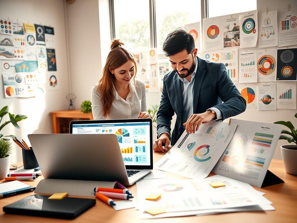 A bright, engaging workspace filled with elements for infographic design. In the foreground, a diverse group of two professionals, a woman and a man, collaborating over a large, colorful infographic template displayed on a laptop and printed sheets, both in smart casual attire. In the middle ground, various design tools are scattered—markers, sticky notes, and a tablet displaying an illustration program. The background features a wall with pinned inspiring graphic designs, illuminated by soft, natural light streaming through a large window, creating a warm and inviting atmosphere. The overall mood conveys creativity and teamwork, capturing the essence of accessible infographic design for effective communication. A bright, engaging workspace filled with elements for infographic design. In the foreground, a diverse group of two professionals, a woman and a man, collaborating over a large, colorful infographic template displayed on a laptop and printed sheets, both in smart casual attire. In the middle ground, various design tools are scattered—markers, sticky notes, and a tablet displaying an illustration program. The background features a wall with pinned inspiring graphic designs, illuminated by soft, natural light streaming through a large window, creating a warm and inviting atmosphere. The overall mood conveys creativity and teamwork, capturing the essence of accessible infographic design for effective communication.