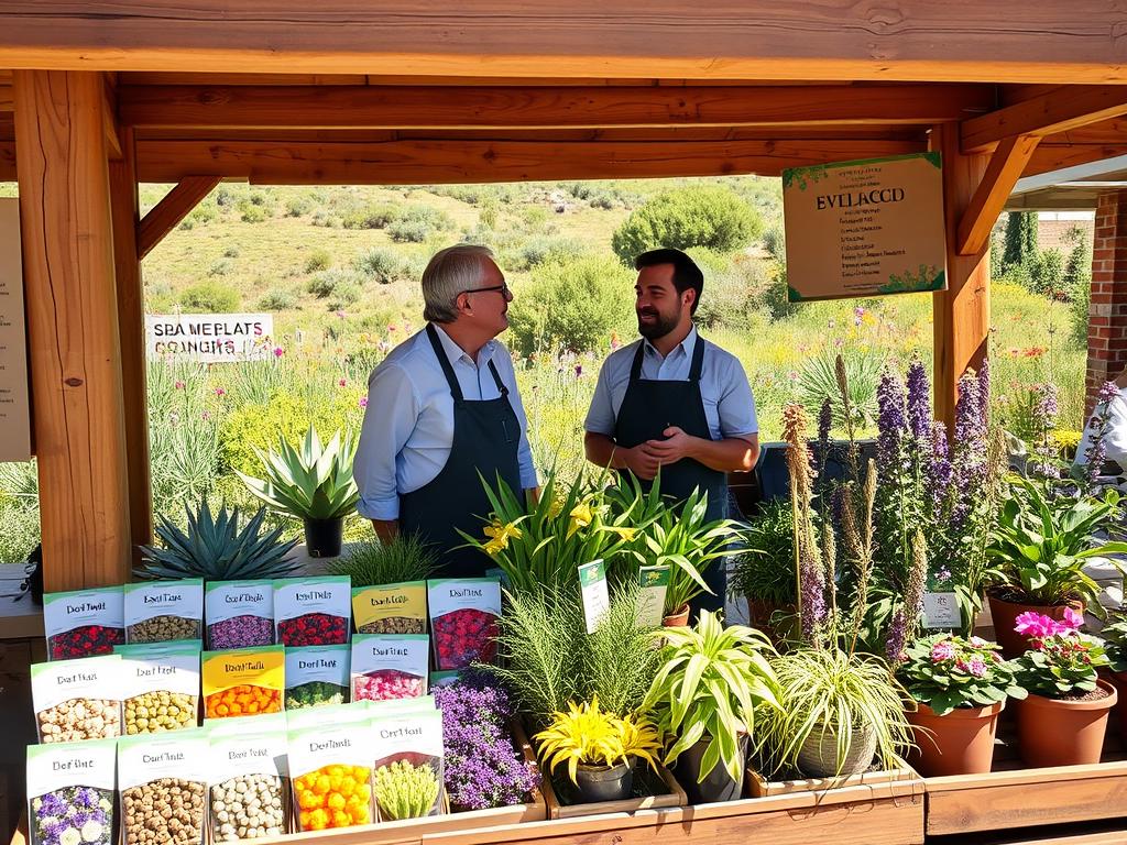 A bright, inviting online seed and native plant marketplace setup in a rustic wooden stall. In the foreground, a variety of vibrant seeds in eco-friendly packaging are displayed, alongside flourishing native plants in pots. The middle section showcases a friendly vendor in smart casual attire, enthusiastically assisting an interested customer, both engaged in conversation. The background features a beautiful landscape of Chilean flora, with stunning native plants like the Chilean bellflower and copihue in the sunlight. The lighting is warm and natural, suggesting a sunny day outdoors, while the camera angle captures the essence of a local market bustling with life, emphasizing the community feel. Overall, the atmosphere is welcoming and promotes the idea of supporting local biodiversity. A bright, inviting online seed and native plant marketplace setup in a rustic wooden stall. In the foreground, a variety of vibrant seeds in eco-friendly packaging are displayed, alongside flourishing native plants in pots. The middle section showcases a friendly vendor in smart casual attire, enthusiastically assisting an interested customer, both engaged in conversation. The background features a beautiful landscape of Chilean flora, with stunning native plants like the Chilean bellflower and copihue in the sunlight. The lighting is warm and natural, suggesting a sunny day outdoors, while the camera angle captures the essence of a local market bustling with life, emphasizing the community feel. Overall, the atmosphere is welcoming and promotes the idea of supporting local biodiversity.