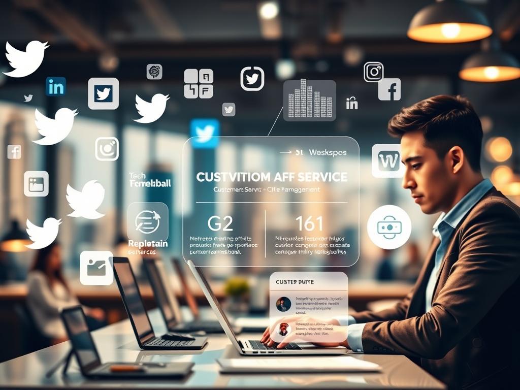 A bustling digital workspace showcasing icons and symbols of various social media platforms like Twitter, Facebook, Instagram, and LinkedIn, with vibrant colors and modern design elements. In the foreground, a professional in casual business attire is engaged on a laptop, actively interacting with social media feeds and customer inquiries, representing effective customer service in tech startups. The middle ground features a transparent infographic illustrating customer service protocols and SLAs, symbolizing the importance of reputation management. The background is a blurred city skyline, reflecting the dynamic tech environment of Chile. Soft, warm lighting creates an inviting atmosphere, emphasizing collaboration and engagement in a digital age, shot from a slight high angle to capture the activity.