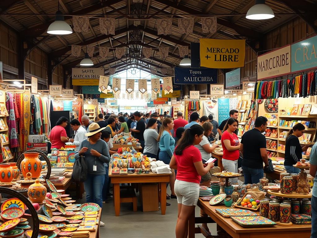 A bustling marketplace scene representing "Mercado Libre" in Venezuela, filled with vibrant stalls showcasing handmade crafts. In the foreground, a variety of colorful handcrafted items like pottery, textiles, and jewelry are displayed on wooden tables. The middle ground features shoppers, some in modest casual clothing, engaged in conversations and examining products. Bright overhead lights illuminate the scene, creating a warm and inviting atmosphere. The background reveals a lively ambiance with decorative banners and signs indicating different craft categories, all set against a soft-focus view of the market stalls. The overall mood is energetic and personable, capturing the essence of community and creativity in artisan sales.