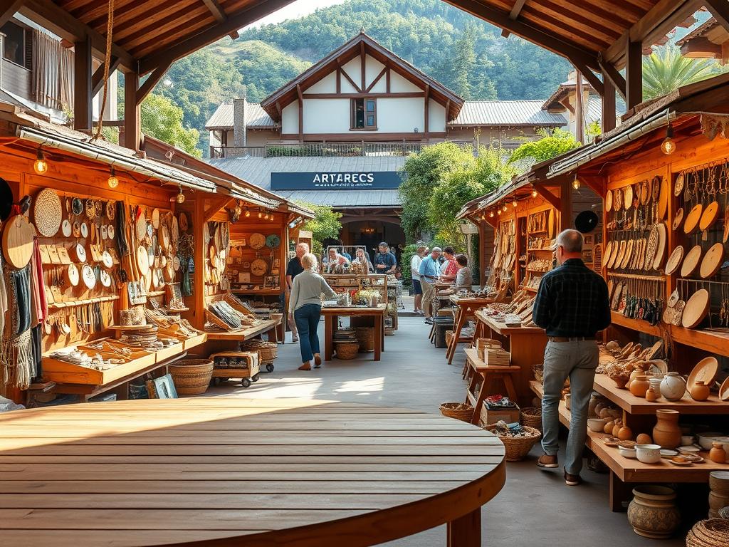 A bustling marketplace showcasing an array of artisanal stalls, each adorned with handcrafted wares. In the foreground, an elevated wooden platform serves as a focal point, inviting visitors to peruse the selection of unique and locally-sourced items. Warm, natural lighting casts a gentle glow, highlighting the intricate details of the crafts. The middle ground features various display stands, each offering a diverse range of handmade products, from textiles and ceramics to jewelry and woodwork. In the background, a harmonious blend of rustic architecture and lush greenery creates a picturesque setting, evoking a sense of community and creativity. The overall atmosphere conveys a welcoming and inspiring environment for artisans to showcase their talents and connect with potential customers. A bustling marketplace showcasing an array of artisanal stalls, each adorned with handcrafted wares. In the foreground, an elevated wooden platform serves as a focal point, inviting visitors to peruse the selection of unique and locally-sourced items. Warm, natural lighting casts a gentle glow, highlighting the intricate details of the crafts. The middle ground features various display stands, each offering a diverse range of handmade products, from textiles and ceramics to jewelry and woodwork. In the background, a harmonious blend of rustic architecture and lush greenery creates a picturesque setting, evoking a sense of community and creativity. The overall atmosphere conveys a welcoming and inspiring environment for artisans to showcase their talents and connect with potential customers.