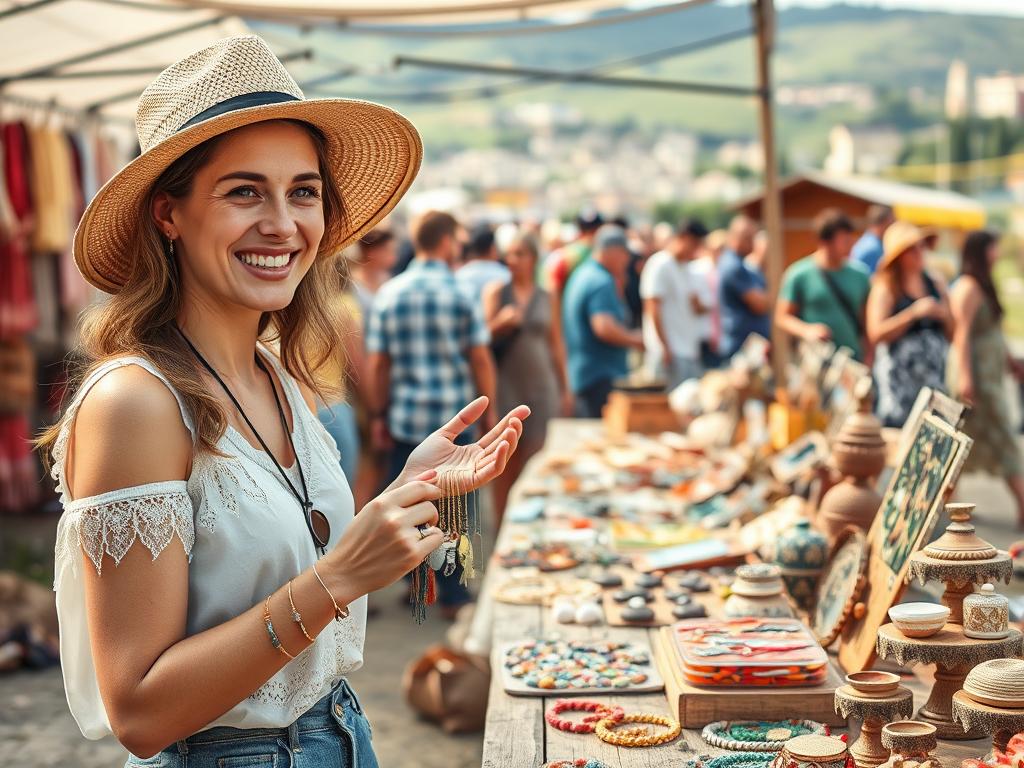 A bustling outdoor flea market, with a vibrant array of handmade crafts and artisanal goods displayed on rustic wooden tables. In the foreground, an entrepreneur in a sun hat enthusiastically showcases her handmade jewelry, her face alight with excitement as she engages potential customers. The middle ground features a diverse crowd of shoppers, their expressions conveying a sense of discovery and delight as they browse the eclectic offerings. In the background, a vibrant cityscape or pastoral landscape sets the scene, infusing the image with a warm, inviting atmosphere. Soft, natural lighting casts a gentle glow, highlighting the texture and craftsmanship of the handmade wares. The overall composition evokes the energy and joy of starting a small business selling handmade crafts at a virtual or in-person marketplace. A bustling outdoor flea market, with a vibrant array of handmade crafts and artisanal goods displayed on rustic wooden tables. In the foreground, an entrepreneur in a sun hat enthusiastically showcases her handmade jewelry, her face alight with excitement as she engages potential customers. The middle ground features a diverse crowd of shoppers, their expressions conveying a sense of discovery and delight as they browse the eclectic offerings. In the background, a vibrant cityscape or pastoral landscape sets the scene, infusing the image with a warm, inviting atmosphere. Soft, natural lighting casts a gentle glow, highlighting the texture and craftsmanship of the handmade wares. The overall composition evokes the energy and joy of starting a small business selling handmade crafts at a virtual or in-person marketplace.