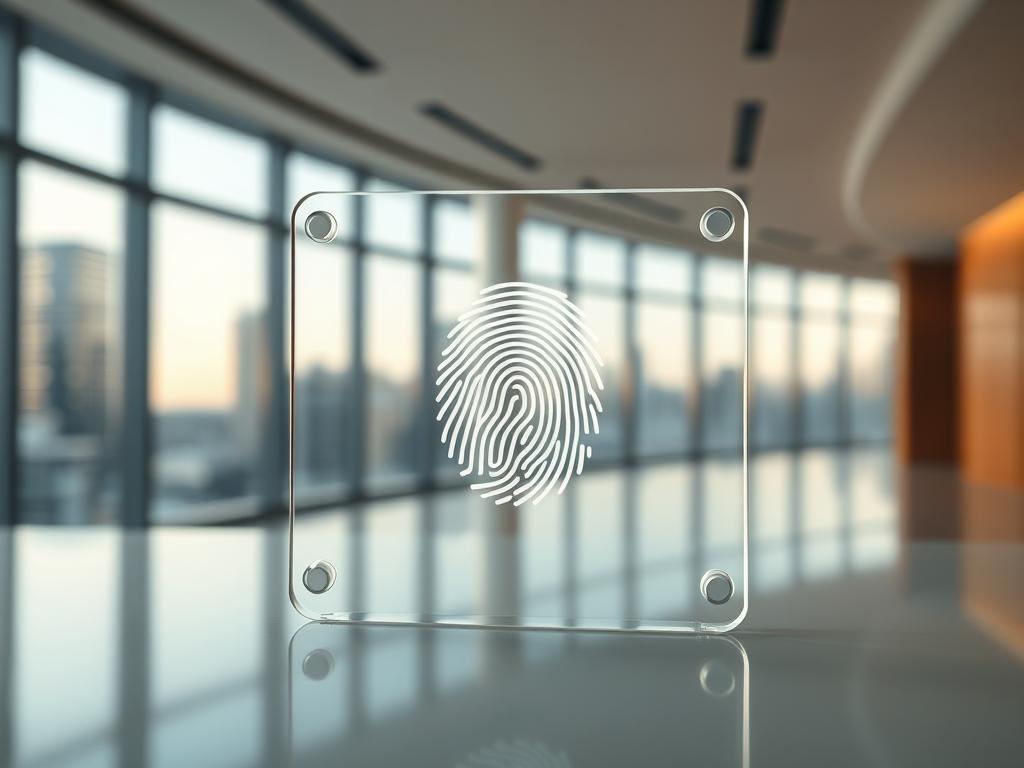 A clean and minimalistic verification concept. In the foreground, a translucent glass or crystal panel displaying a biometric fingerprint scan in high detail. The background is a sleek, modern office setting with a blurred cityscape visible through large windows, bathed in warm, diffused lighting. The composition emphasizes the simplicity and security of the verification process, with a sense of professionalism and technological sophistication. A clean and minimalistic verification concept. In the foreground, a translucent glass or crystal panel displaying a biometric fingerprint scan in high detail. The background is a sleek, modern office setting with a blurred cityscape visible through large windows, bathed in warm, diffused lighting. The composition emphasizes the simplicity and security of the verification process, with a sense of professionalism and technological sophistication.