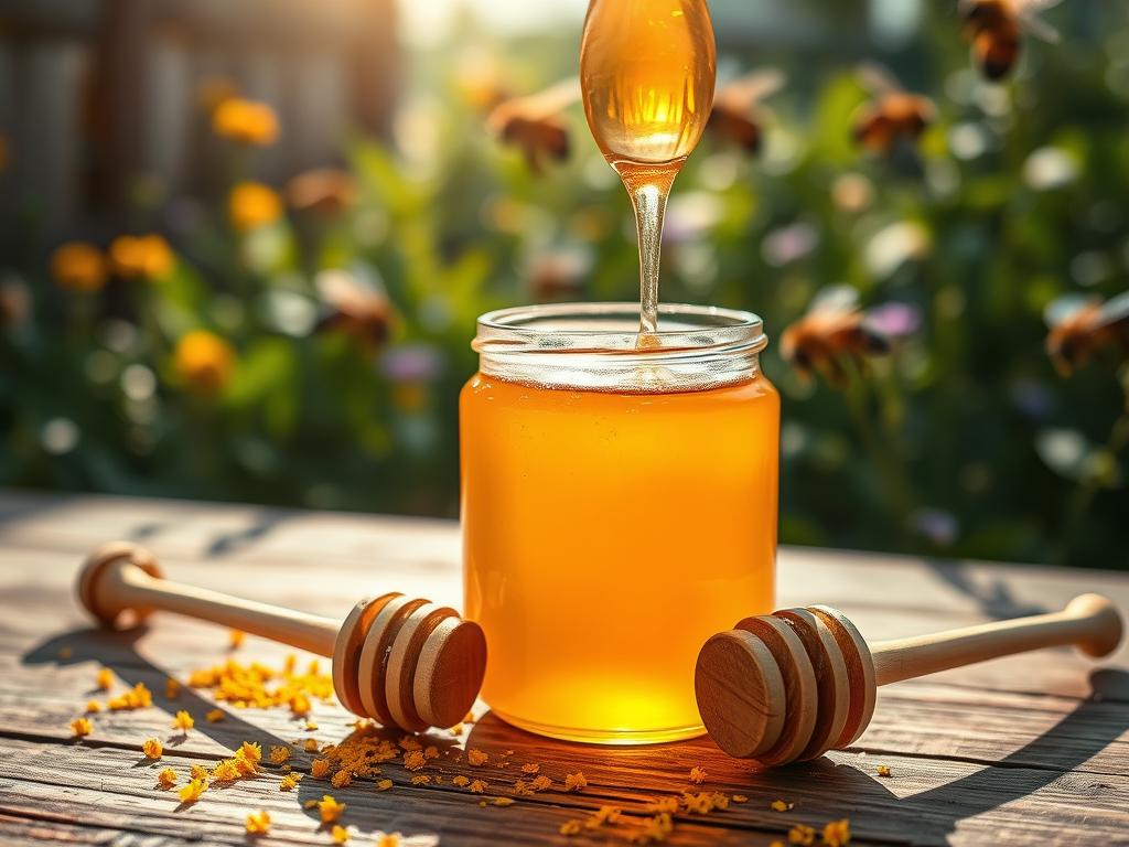 A close-up composition of a glass jar of pure honey, glistening under soft, warm sunlight, showcasing its rich golden color and smooth texture. In the foreground, delicate honey drips from a wooden honey dipper, creating a sense of freshness and natural sweetness. The middle ground features a rustic wooden table with scattered bee pollen and a few wildflowers, enhancing the artisanal feel. In the background, a blurred scene of a lush green garden with buzzing bees symbolizes the natural origin of the honey. The lighting is soft and inviting, casting gentle shadows that add depth. The overall mood is warm, organic, and thriving, evoking the essence of artisanal honey selling online in Chile.