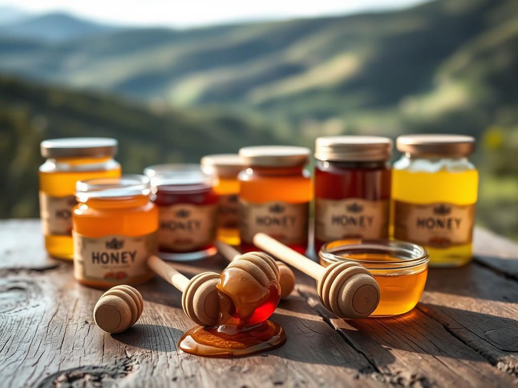 A close-up of a variety of artisanal honey jars on a rustic wooden table, showcasing different colors and textures of the honey, from golden amber to deep brown. In the middle ground, include small wooden honey dippers, drizzled with honey. The background features a natural landscape typical of central-southern Chile, with rolling hills and lush greenery, hinting at the origins of the honey. Soft, warm lighting evokes a serene atmosphere, highlighting the artisanal quality of the products. Use a shallow depth of field to create a sense of intimacy, focusing on the honey jars and dippers while the background is slightly blurred.