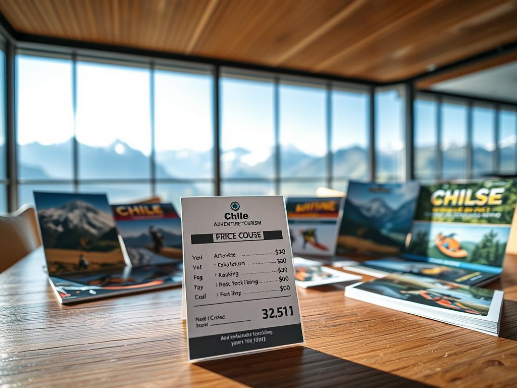 A close-up scene showcasing a price tag prominently displayed on a stylish wooden table, featuring various adventure tourism course materials neatly arranged around it. In the foreground, a clear price tag with an attractive design, highlighting affordable values and enticing offers. The middle ground includes brochures and pamphlets showcasing diverse outdoor activities like hiking, kayaking, and rock climbing in Chile. In the background, a panoramic view of Chile’s stunning landscapes, such as snow-capped mountains and lush forests, under bright, natural daylight. The atmosphere is inviting and motivational, encouraging engagement. Capture an uplifting and inspiring mood, using a soft focus lens at eye level to create warmth and accessibility. No text or watermarks present.