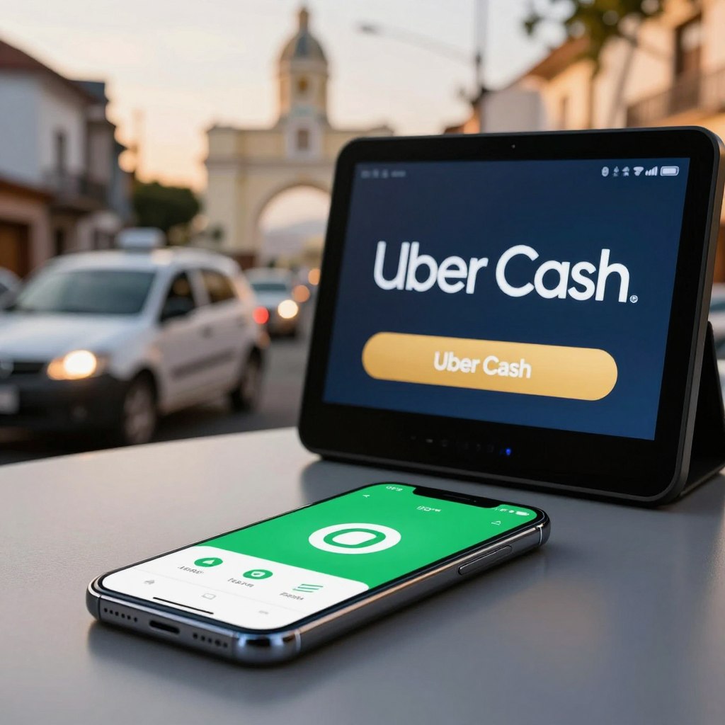 A close-up view of a digital display showcasing "Uber Cash" in an attractive, modern interface. In the foreground, a phone rests on a smooth surface, with the Uber app open and displaying a vibrant balance of Uber Cash, styled with green and gold accents for a sense of value and exclusivity. In the middle ground, blurred images of vehicles from Uber services can be faintly seen, indicating transportation availability. The background subtly features an urban landscape specific to Guatemala, like a popular landmark or street scene, lightly illuminated by soft, warm lighting, creating a welcoming atmosphere. The overall mood is professional and sleek, suggesting convenience and modernity in vehicle rental services. Focus on details that highlight the ease of digital payments and promotions related to Uber Cash. A close-up view of a digital display showcasing "Uber Cash" in an attractive, modern interface. In the foreground, a phone rests on a smooth surface, with the Uber app open and displaying a vibrant balance of Uber Cash, styled with green and gold accents for a sense of value and exclusivity. In the middle ground, blurred images of vehicles from Uber services can be faintly seen, indicating transportation availability. The background subtly features an urban landscape specific to Guatemala, like a popular landmark or street scene, lightly illuminated by soft, warm lighting, creating a welcoming atmosphere. The overall mood is professional and sleek, suggesting convenience and modernity in vehicle rental services. Focus on details that highlight the ease of digital payments and promotions related to Uber Cash.