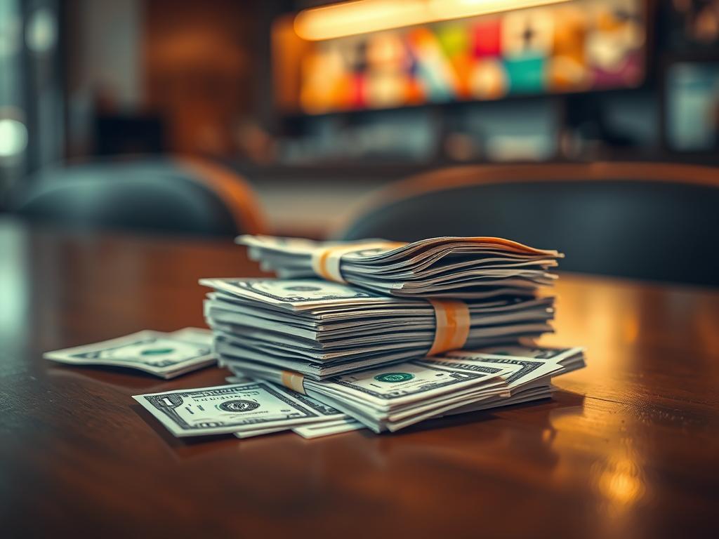 A close-up view of a stack of cash on a polished wooden table, with some scattered dollar bills artfully arranged around it. In the background, a blurred image of gift cards with various vibrant designs, hinting at rewards and incentives. Soft, warm lighting creates an inviting atmosphere, highlighting the texture of the currency and the colorful gift cards. The angle is slightly tilted to add depth, capturing the essence of rewards and the excitement of earning money. The overall mood conveys a sense of opportunity and positivity, perfect for illustrating the concept of cash rewards.