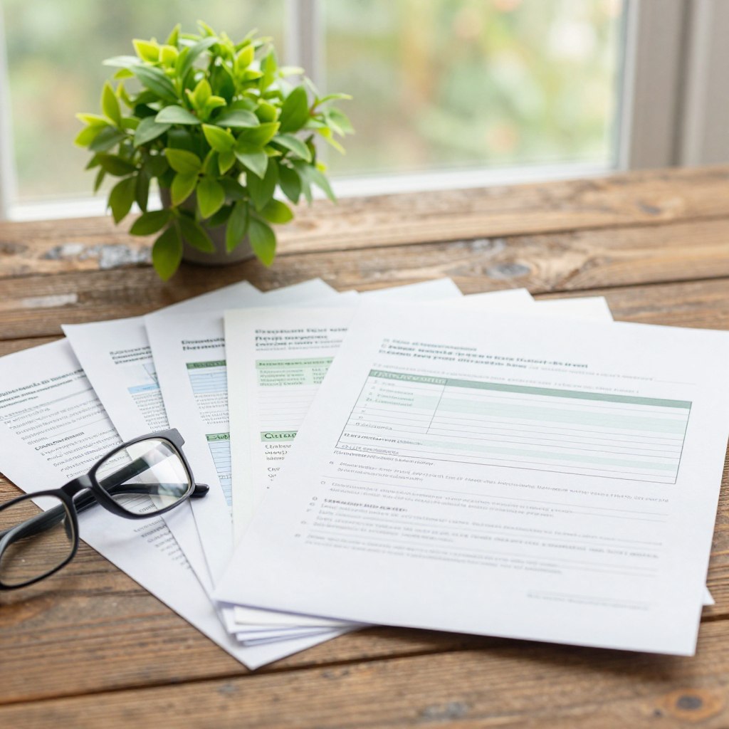 A close-up view of a stack of diverse agricultural documents on a rustic wooden desk, showcasing various types of paperwork such as contracts, export permits, and inspection reports. In the foreground, a pair of reading glasses and a pencil rest beside the documents, indicating an environment of careful analysis. In the middle, a vibrant green plant adds a touch of nature, symbolizing agricultural themes. The background features a softly blurred window with natural daylight filtering through, creating a warm and inviting atmosphere. The scene conveys professionalism and attention to detail, reflecting the importance of accurate document translation in the agricultural sector, with a focus on clarity and brightness.