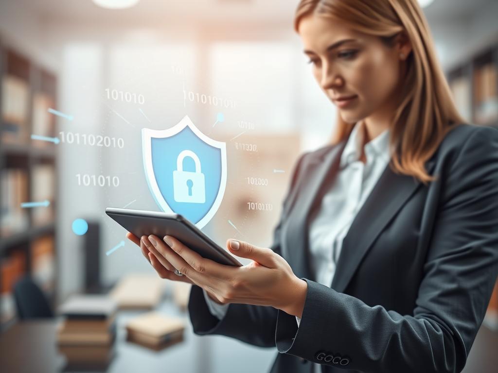 A conceptual image representing "Privacy and Security" in a legal context. In the foreground, a professional businesswoman, dressed in a smart suit, is examining a digital tablet displaying a secure document with a lock icon. In the middle ground, there are abstract representations of data encryption, such as binary code flowing around a shield symbolizing protection. In the background, a blurred office environment filled with legal books and soft, diffused lighting creates a sense of authority and trustworthiness. The atmosphere should evoke a feeling of reliability and confidentiality, with cool tones and a focus on technology to emphasize the modern importance of privacy standards. The composition should maintain a clean and professional aesthetic. A conceptual image representing "Privacy and Security" in a legal context. In the foreground, a professional businesswoman, dressed in a smart suit, is examining a digital tablet displaying a secure document with a lock icon. In the middle ground, there are abstract representations of data encryption, such as binary code flowing around a shield symbolizing protection. In the background, a blurred office environment filled with legal books and soft, diffused lighting creates a sense of authority and trustworthiness. The atmosphere should evoke a feeling of reliability and confidentiality, with cool tones and a focus on technology to emphasize the modern importance of privacy standards. The composition should maintain a clean and professional aesthetic.