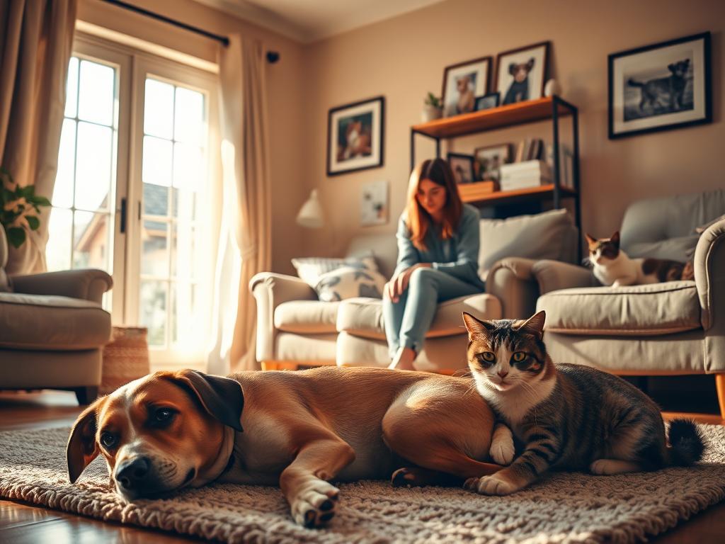 A cozy and inviting living room in a warm-toned home setting, showcasing a pet-friendly environment. In the foreground, a friendly dog lies contentedly on a soft rug, while a cat lounges on a nearby armchair. The middle of the image features a person in casual, modest attire gently interacting with the pets, offering a sense of care and companionship. Soft natural light streams through a window, casting a gentle glow across the space. In the background, a shelf filled with pet supplies and framed photos of happy pets creates a nurturing atmosphere. The mood is warm, welcoming, and serene, highlighting the comfort of pet lodging in a home environment. A cozy and inviting living room in a warm-toned home setting, showcasing a pet-friendly environment. In the foreground, a friendly dog lies contentedly on a soft rug, while a cat lounges on a nearby armchair. The middle of the image features a person in casual, modest attire gently interacting with the pets, offering a sense of care and companionship. Soft natural light streams through a window, casting a gentle glow across the space. In the background, a shelf filled with pet supplies and framed photos of happy pets creates a nurturing atmosphere. The mood is warm, welcoming, and serene, highlighting the comfort of pet lodging in a home environment.