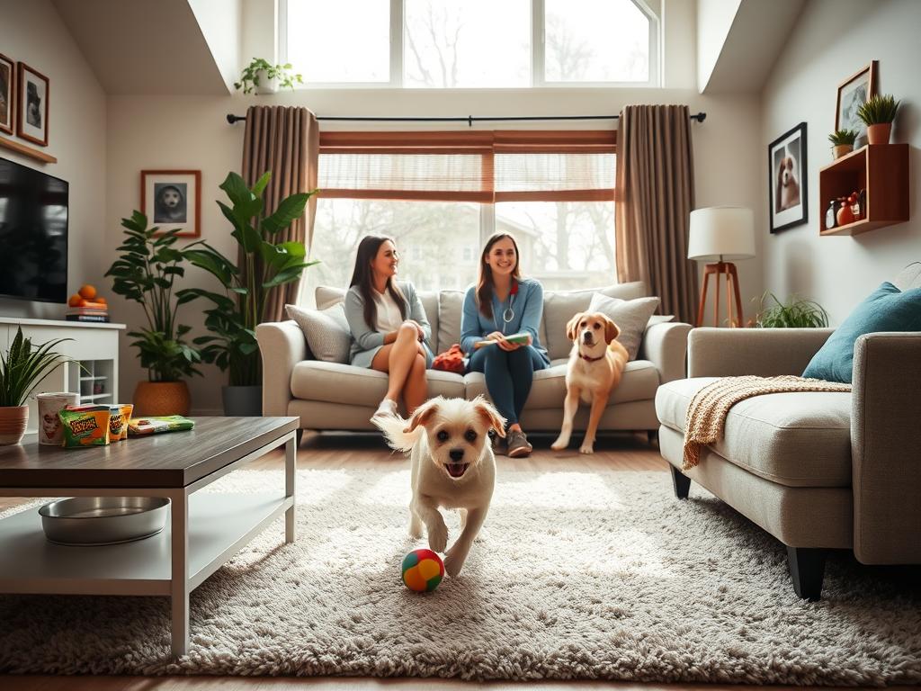 A cozy and inviting living room showcasing a pet care environment, featuring a small, friendly dog happily playing with a colorful toy on a plush carpet. In the foreground, a modern coffee table is adorned with pet-related items, such as a water bowl and treats. The middle ground captures a comfortable sofa where one or two professional pet caregivers, dressed in smart casual attire, are engaged in a warm interaction with the dog, demonstrating care and attention. The background reveals a large window allowing soft, natural light to fill the room, creating a bright and cheerful atmosphere. Potted plants and framed pet photos add a personal touch, conveying the concept of a nurturing home for pets. The overall mood is friendly, warm, and welcoming, emphasizing companionship and love. A cozy and inviting living room showcasing a pet care environment, featuring a small, friendly dog happily playing with a colorful toy on a plush carpet. In the foreground, a modern coffee table is adorned with pet-related items, such as a water bowl and treats. The middle ground captures a comfortable sofa where one or two professional pet caregivers, dressed in smart casual attire, are engaged in a warm interaction with the dog, demonstrating care and attention. The background reveals a large window allowing soft, natural light to fill the room, creating a bright and cheerful atmosphere. Potted plants and framed pet photos add a personal touch, conveying the concept of a nurturing home for pets. The overall mood is friendly, warm, and welcoming, emphasizing companionship and love.