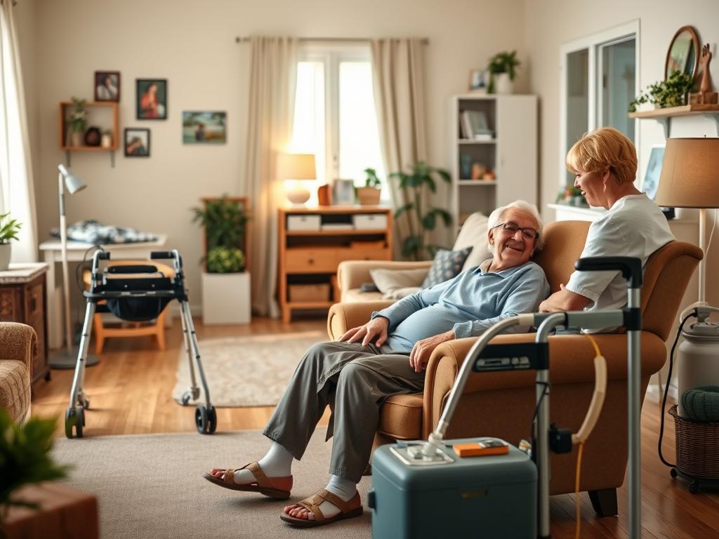 A cozy, well-lit home interior with an elderly person sitting comfortably in a plush armchair, surrounded by a caregiver and various home care devices. The foreground features the person and caregiver engaged in a friendly conversation, with a warm, inviting atmosphere. The middle ground showcases medical equipment such as a walker, oxygen tank, and other assistive technologies seamlessly integrated into the living space. The background depicts a clean, organized room with personal touches like family photos and potted plants, conveying a sense of familiarity and personalization. Soft, natural lighting casts a gentle glow throughout the scene, creating a soothing and comfortable ambiance. A cozy, well-lit home interior with an elderly person sitting comfortably in a plush armchair, surrounded by a caregiver and various home care devices. The foreground features the person and caregiver engaged in a friendly conversation, with a warm, inviting atmosphere. The middle ground showcases medical equipment such as a walker, oxygen tank, and other assistive technologies seamlessly integrated into the living space. The background depicts a clean, organized room with personal touches like family photos and potted plants, conveying a sense of familiarity and personalization. Soft, natural lighting casts a gentle glow throughout the scene, creating a soothing and comfortable ambiance.