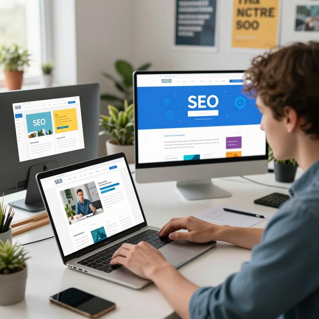 A digital workspace featuring a professional website designer at a modern desk, focused on optimizing images for SEO. The foreground shows the designer, a person in smart casual attire, examining an image on a laptop, with graphs and analytics visible on the screen. In the middle ground, colorful images of web design elements and SEO graphics are scattered around, illustrating concepts like titles, meta descriptions, and image optimization. The background reveals a well-lit, stylish office with motivational posters and plants, creating a vibrant atmosphere. Soft, natural lighting from a window highlights the scene, enhancing the mood of productivity and creativity. The camera angle is slightly above eye level, capturing the workspace with a professional yet approachable tone.