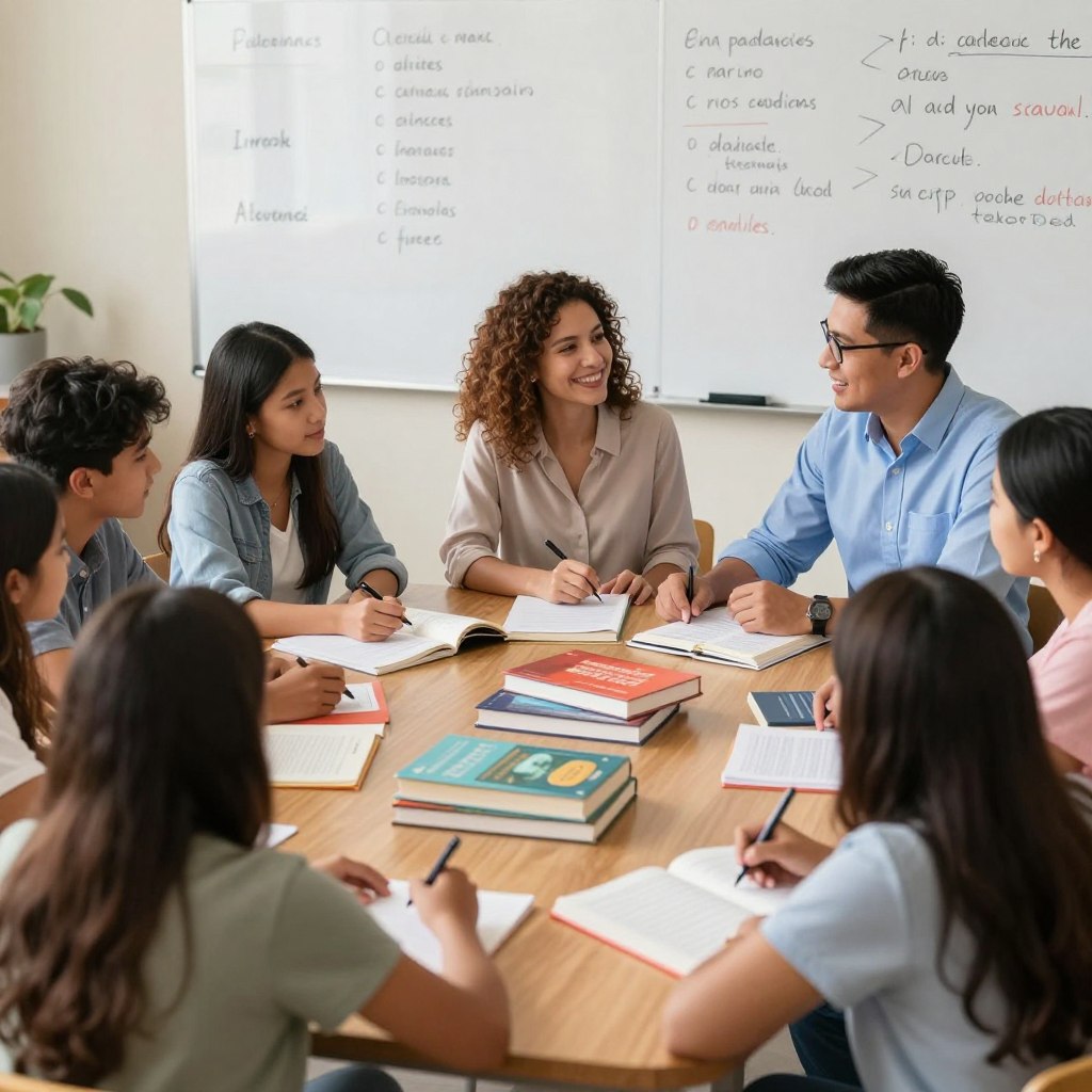 A diverse group of native Spanish teachers engaging in a concentrated tutoring session with international students in a bright, inviting classroom. In the foreground, a male teacher with short black hair and glasses explains a lesson plan, dressed in a smart blue shirt. Beside him, a female teacher with curly brown hair and a cheerful smile interacts with a student, wearing a professional blouse. The middle of the image features an array of books and educational materials spread across an oak table, with students of various ethnicities actively participating. The background showcases a large whiteboard filled with Spanish vocabulary and phrases. The lighting is warm and natural, creating a cozy yet focused atmosphere, captured from a slightly elevated angle to highlight the interaction without any distractions.