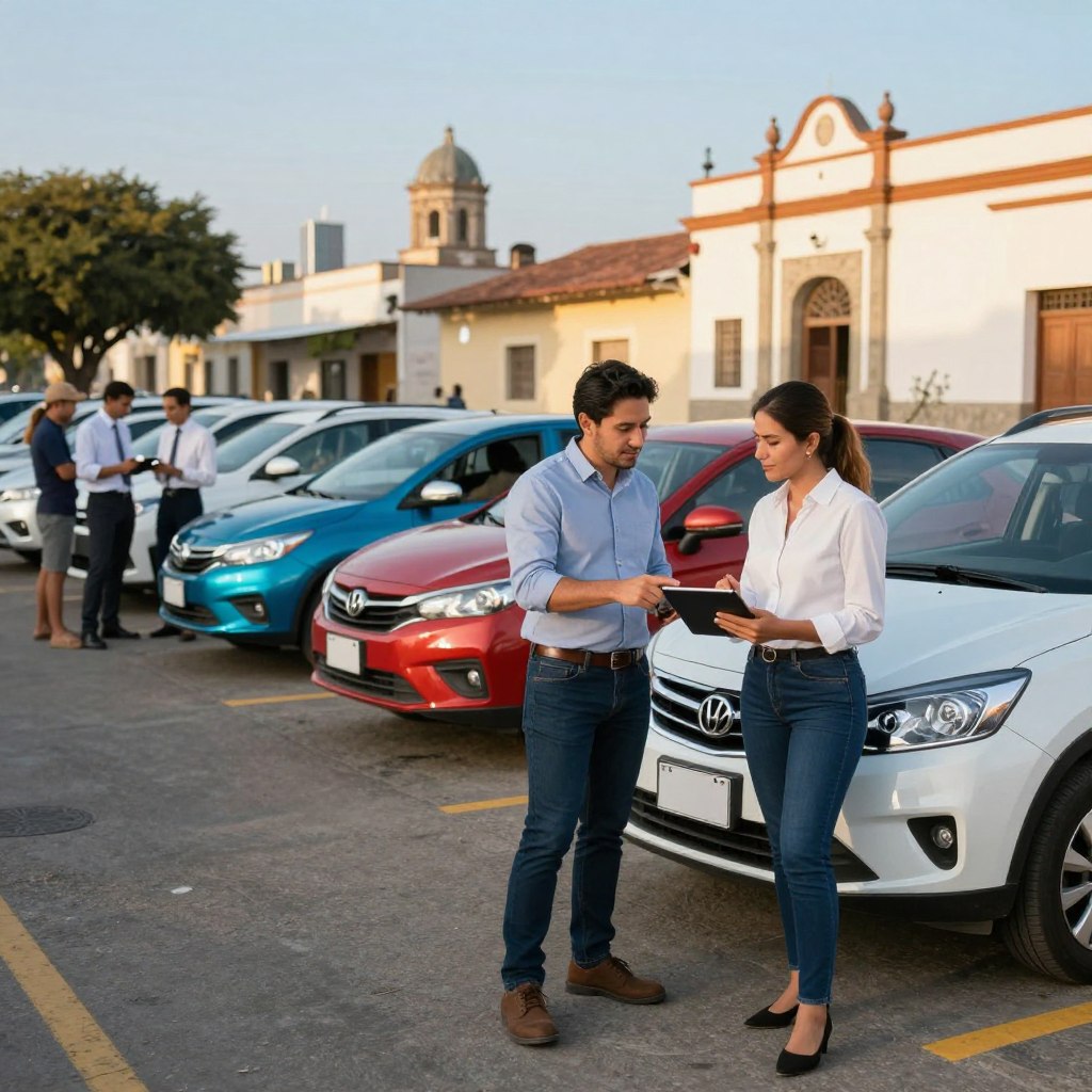 A diverse group of professional drivers gathered in an urban setting, preparing to rent vehicles for Uber. In the foreground, two drivers, one male and one female, are discussing details with a digital tablet in hand. Both are dressed in smart casual attire, exuding professionalism and approachability. In the middle ground, various vehicles in vibrant colors are parked, showcasing a range from compact cars to SUVs, illustrating the choice available to drivers. The background features a cityscape, with distinct Guatemalan architecture under a clear blue sky, highlighting the locale. Warm sunlight bathes the scene, creating an inviting atmosphere, with soft shadows enhancing the depth. The overall mood is energetic and collaborative, perfect for illustrating the step-by-step process for Uber drivers. A diverse group of professional drivers gathered in an urban setting, preparing to rent vehicles for Uber. In the foreground, two drivers, one male and one female, are discussing details with a digital tablet in hand. Both are dressed in smart casual attire, exuding professionalism and approachability. In the middle ground, various vehicles in vibrant colors are parked, showcasing a range from compact cars to SUVs, illustrating the choice available to drivers. The background features a cityscape, with distinct Guatemalan architecture under a clear blue sky, highlighting the locale. Warm sunlight bathes the scene, creating an inviting atmosphere, with soft shadows enhancing the depth. The overall mood is energetic and collaborative, perfect for illustrating the step-by-step process for Uber drivers.