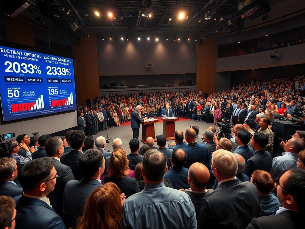 A dynamic scene of a presidential election debate during the "segunda vuelta presidencial." In the foreground, a diverse group of engaged citizens, dressed in professional business attire, is gathered around a large screen displaying statistics and graphs reflecting public opinion polls. The middle ground features a podium with two presidential candidates engaged in a lively discussion, surrounded by microphones and cameras capturing the moment. The background shows a large audience of voters, showcasing various age groups and ethnicities, all attentively listening. The atmosphere is vibrant and charged with excitement, illuminated by focused stage lighting that contrasts with a darker auditorium space. A wide-angle perspective captures the energy of the event, emphasizing the importance of civic engagement and data accuracy in the electoral process. A dynamic scene of a presidential election debate during the "segunda vuelta presidencial." In the foreground, a diverse group of engaged citizens, dressed in professional business attire, is gathered around a large screen displaying statistics and graphs reflecting public opinion polls. The middle ground features a podium with two presidential candidates engaged in a lively discussion, surrounded by microphones and cameras capturing the moment. The background shows a large audience of voters, showcasing various age groups and ethnicities, all attentively listening. The atmosphere is vibrant and charged with excitement, illuminated by focused stage lighting that contrasts with a darker auditorium space. A wide-angle perspective captures the energy of the event, emphasizing the importance of civic engagement and data accuracy in the electoral process.