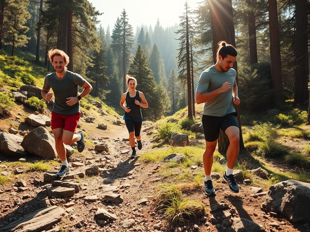 A dynamic trail training scene set in a sun-drenched forest with a rugged, uphill terrain. In the foreground, a diverse group of three athletes in modest, functional athletic wear are engaged in various training activities, such as running, stretching, and practicing form techniques. One is mid-stride on a rocky path, another is demonstrating a stretching exercise against a tree, and the third is checking a fitness watch. The middle ground features scattered boulders and lush greenery, creating a natural training environment. In the background, the forest thickens, with sun rays filtering through the trees, casting dappled light on the scene. The overall mood is energetic and focused, emphasizing determination and physical fitness in trail running. The angle is slightly elevated, providing a comprehensive view of the action while capturing the beauty of the surroundings. A dynamic trail training scene set in a sun-drenched forest with a rugged, uphill terrain. In the foreground, a diverse group of three athletes in modest, functional athletic wear are engaged in various training activities, such as running, stretching, and practicing form techniques. One is mid-stride on a rocky path, another is demonstrating a stretching exercise against a tree, and the third is checking a fitness watch. The middle ground features scattered boulders and lush greenery, creating a natural training environment. In the background, the forest thickens, with sun rays filtering through the trees, casting dappled light on the scene. The overall mood is energetic and focused, emphasizing determination and physical fitness in trail running. The angle is slightly elevated, providing a comprehensive view of the action while capturing the beauty of the surroundings.