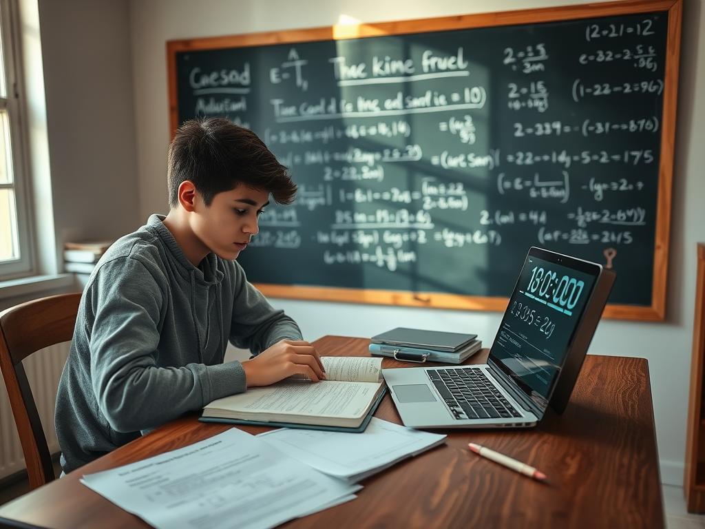 A focused study environment showcasing a high school student sitting at a wooden desk, surrounded by papers and a laptop displaying a timer for a practice exam. The student, dressed in modest casual clothing, is deeply concentrated on solving math problems while referencing a textbook. In the background, a chalkboard filled with equations and motivational phrases creates a supportive atmosphere. Soft, natural light streams in through a window, illuminating the scene, enhancing the mood of determination and focus. The composition captures the essence of timed practice and academic preparation, with warm colors evoking a sense of encouragement and hard work.