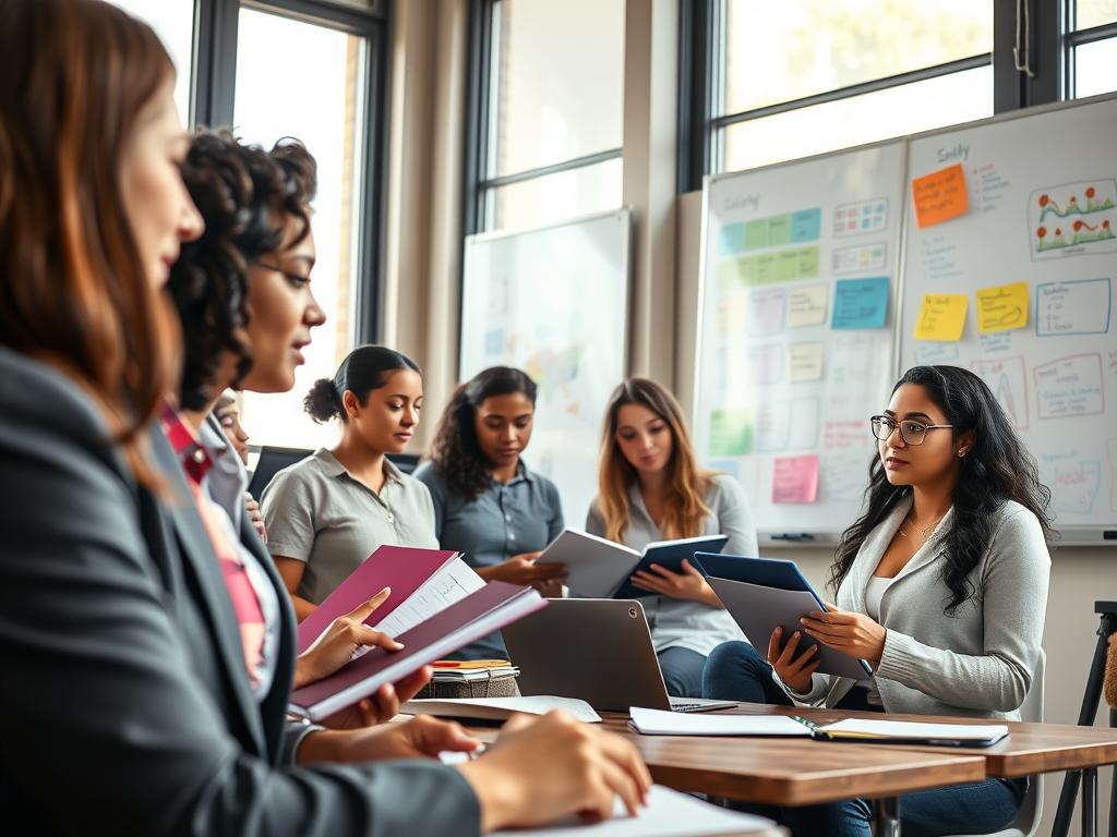 A focused study space depicting a diverse group of students engaged in a tutoring session, each with study materials like notebooks and laptops in front of them. In the foreground, a female tutor, dressed in professional business attire, attentively explains concepts. The middle ground features the students - a diverse mix of genders and ethnicities - collaborating and taking notes, with expressions of concentration and determination. The background includes a large whiteboard filled with organized study plans and colorful diagrams. Soft, natural light filters through large windows, creating a warm and inviting atmosphere that encourages learning. The angle captures the energy of the classroom, fostering a motivational and supportive mood.