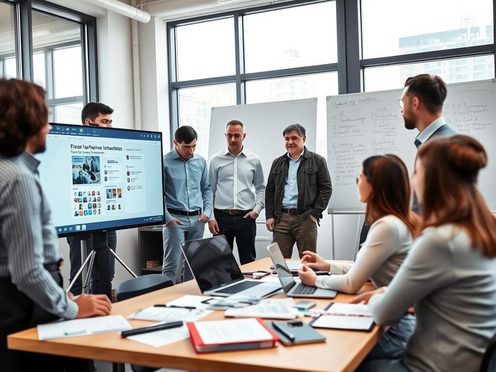 A focused usability testing session in a modern office environment. In the foreground, a diverse group of professionals, dressed in smart casual attire, attentively watches a participant interacting with a sleek, user-friendly digital product on a large screen. The middle ground features a table cluttered with usability testing materials, such as notebooks and laptops, while a subtle whiteboard in the background displays flowcharts and usability metrics. Natural light filters through large windows, creating a bright and inviting atmosphere. The composition captures a sense of collaboration and engagement, highlighting the importance of user experience throughout the product lifecycle. The camera angle is slightly elevated, offering a comprehensive view of the team dynamics and the participant’s focused expression.