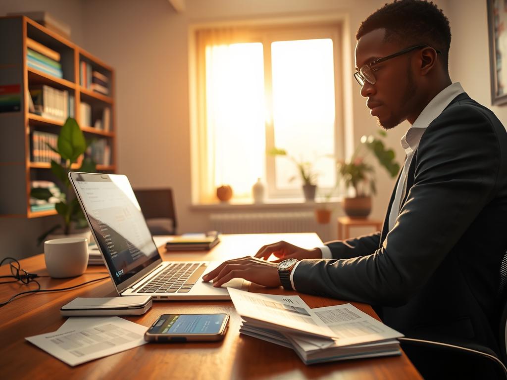 A focused workspace illustrating a daily routine for maximizing earnings through online surveys. In the foreground, a diverse individual seated at a tidy desk, focused on their laptop, dressed in professional business attire. On the desk, a colorful array of survey papers and a smartphone displaying notifications about new surveys. In the middle ground, a large window allowing warm natural light to flood in, illuminating the workspace and enhancing the atmosphere of productivity. The background features soft-focus shelves filled with motivational books and an inspiring plant. The mood is energetic yet peaceful, emphasizing diligence and success in an online earning environment, captured from an eye-level angle to create intimacy and connection. A focused workspace illustrating a daily routine for maximizing earnings through online surveys. In the foreground, a diverse individual seated at a tidy desk, focused on their laptop, dressed in professional business attire. On the desk, a colorful array of survey papers and a smartphone displaying notifications about new surveys. In the middle ground, a large window allowing warm natural light to flood in, illuminating the workspace and enhancing the atmosphere of productivity. The background features soft-focus shelves filled with motivational books and an inspiring plant. The mood is energetic yet peaceful, emphasizing diligence and success in an online earning environment, captured from an eye-level angle to create intimacy and connection.