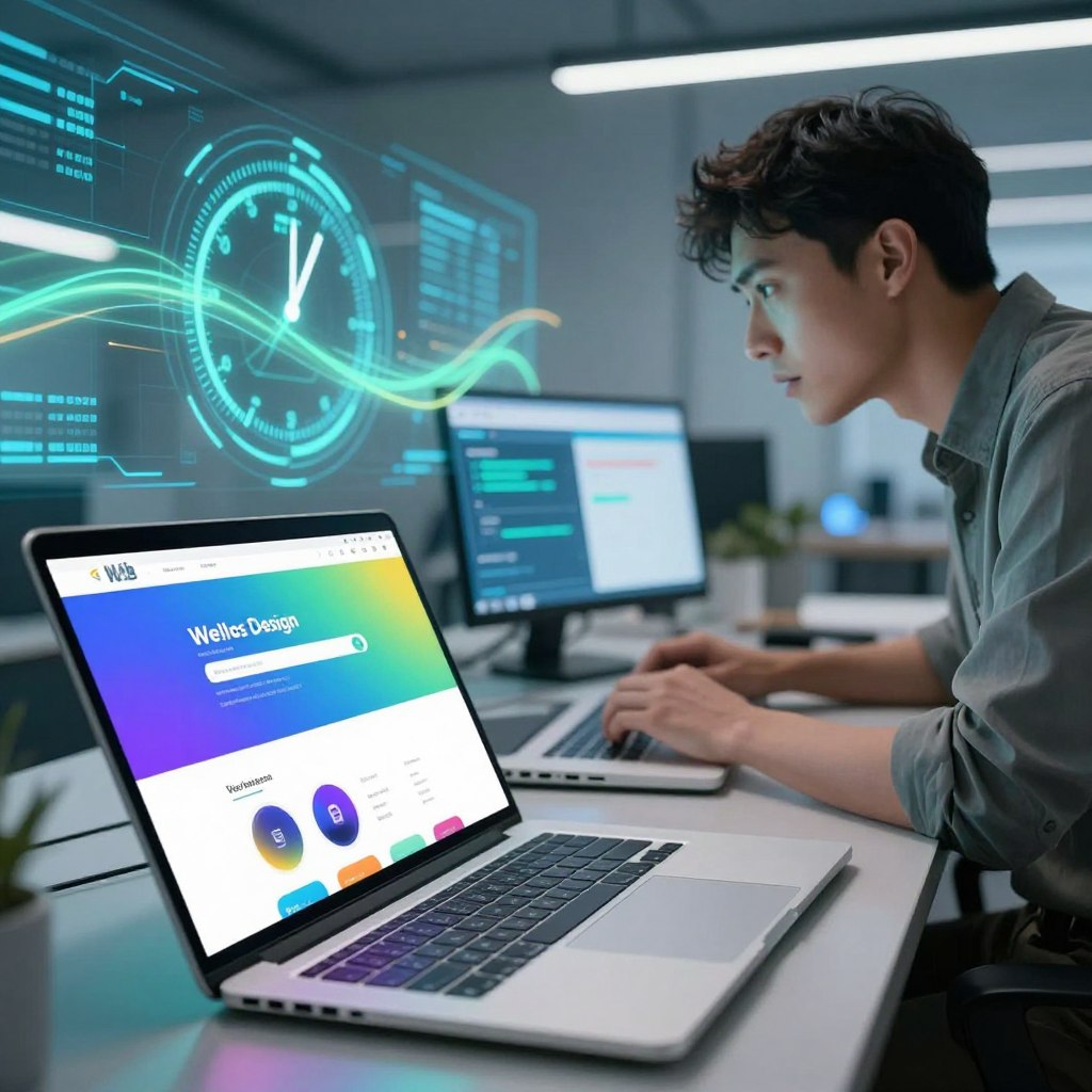 A futuristic digital workspace showcasing the concept of speed and performance in web design. In the foreground, a sleek, modern laptop displays a fast-loading website with vibrant colors and smooth animations. The middle ground features a professional web designer, wearing smart casual attire, intently focused on the screen, with a sense of urgency reflected in their posture. In the background, a digital clock or gauge indicates rapid loading times, surrounded by abstract representations of data flowing seamlessly. The lighting is bright and dynamic, with soft blue and green tones creating a high-tech atmosphere. The angle is slightly tilted to convey motion, enhancing the feeling of speed and efficiency in web performance.