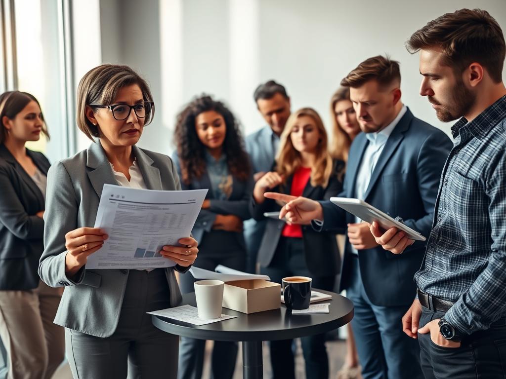 A group of diverse individuals in a modern office setting, looking contemplative as they discuss voting choices at the last minute. In the foreground, a middle-aged woman in professional attire holds a survey paper, her expression focused and thoughtful. Beside her, a young man, also dressed in business casual, is pointing at a digital tablet displaying poll results. In the middle ground, a small round table cluttered with charts and coffee cups indicates an intense discussion atmosphere. The background features a large window with soft natural light streaming in, illuminating the scene and creating a sense of urgency and decision-making. The overall mood is tense yet collaborative, capturing the essence of last-minute voting indecision. A group of diverse individuals in a modern office setting, looking contemplative as they discuss voting choices at the last minute. In the foreground, a middle-aged woman in professional attire holds a survey paper, her expression focused and thoughtful. Beside her, a young man, also dressed in business casual, is pointing at a digital tablet displaying poll results. In the middle ground, a small round table cluttered with charts and coffee cups indicates an intense discussion atmosphere. The background features a large window with soft natural light streaming in, illuminating the scene and creating a sense of urgency and decision-making. The overall mood is tense yet collaborative, capturing the essence of last-minute voting indecision.