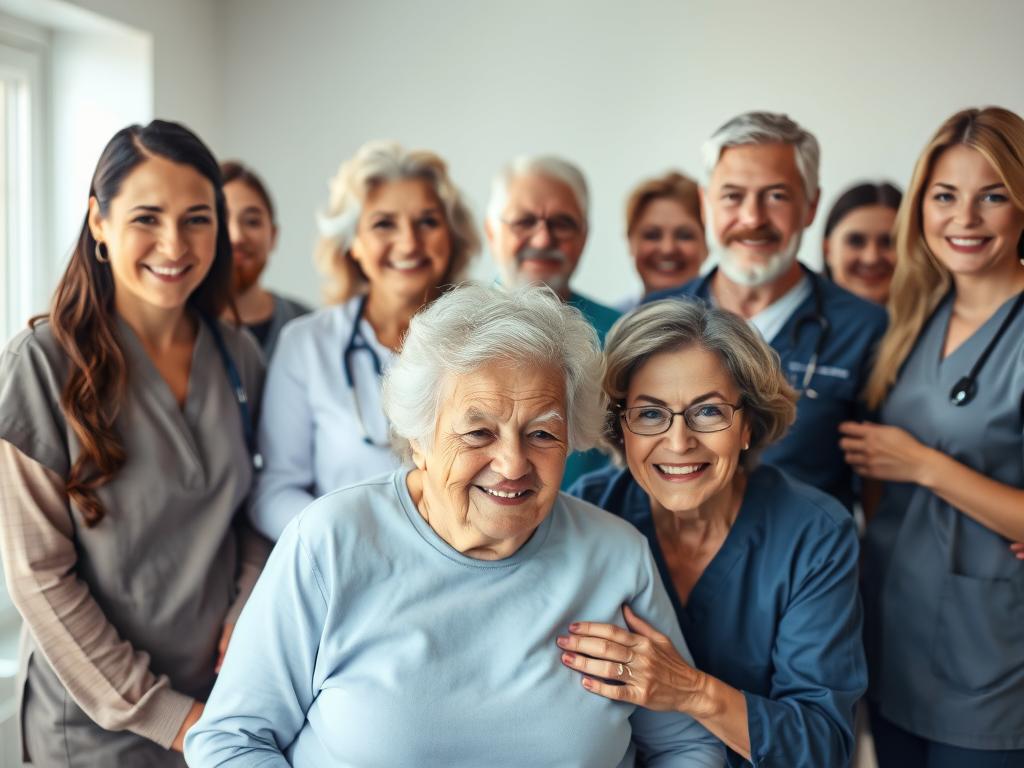 A group of professional, attentive caregivers standing together, their faces filled with warmth and compassion. In the foreground, a senior person is being gently assisted by two caregivers, their expressions conveying trust and comfort. In the middle ground, additional caregivers of diverse ages and backgrounds are interacting with elderly individuals, demonstrating their expertise and dedication. The background features a serene, homelike setting, with natural lighting illuminating the scene, creating a calming, reassuring atmosphere. The overall impression is one of a skilled, experienced, and highly valued team of caregivers, ready to provide exceptional care and support to aging individuals and their families. A group of professional, attentive caregivers standing together, their faces filled with warmth and compassion. In the foreground, a senior person is being gently assisted by two caregivers, their expressions conveying trust and comfort. In the middle ground, additional caregivers of diverse ages and backgrounds are interacting with elderly individuals, demonstrating their expertise and dedication. The background features a serene, homelike setting, with natural lighting illuminating the scene, creating a calming, reassuring atmosphere. The overall impression is one of a skilled, experienced, and highly valued team of caregivers, ready to provide exceptional care and support to aging individuals and their families.